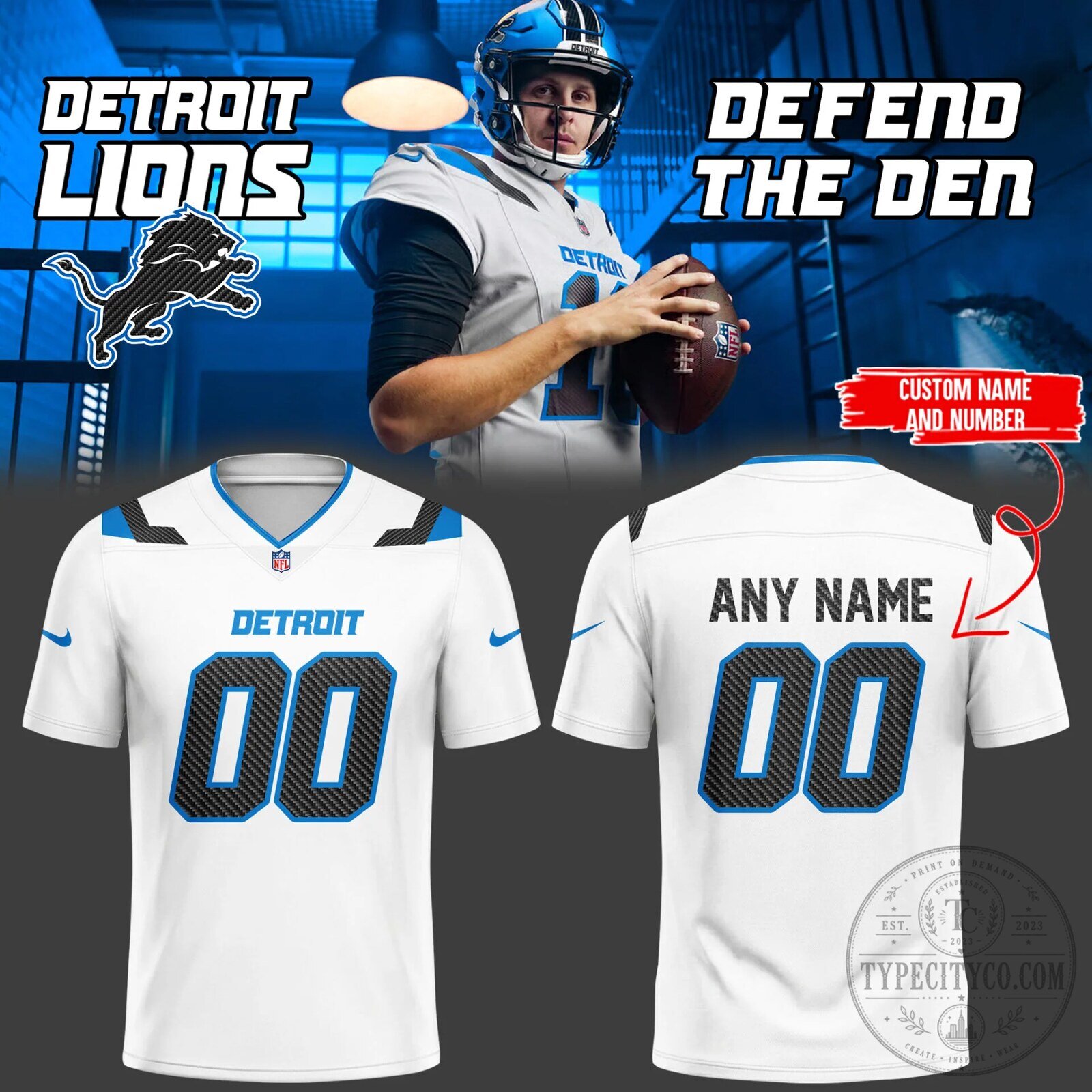 Detroit Lions Football Jersey Custom Name Number White