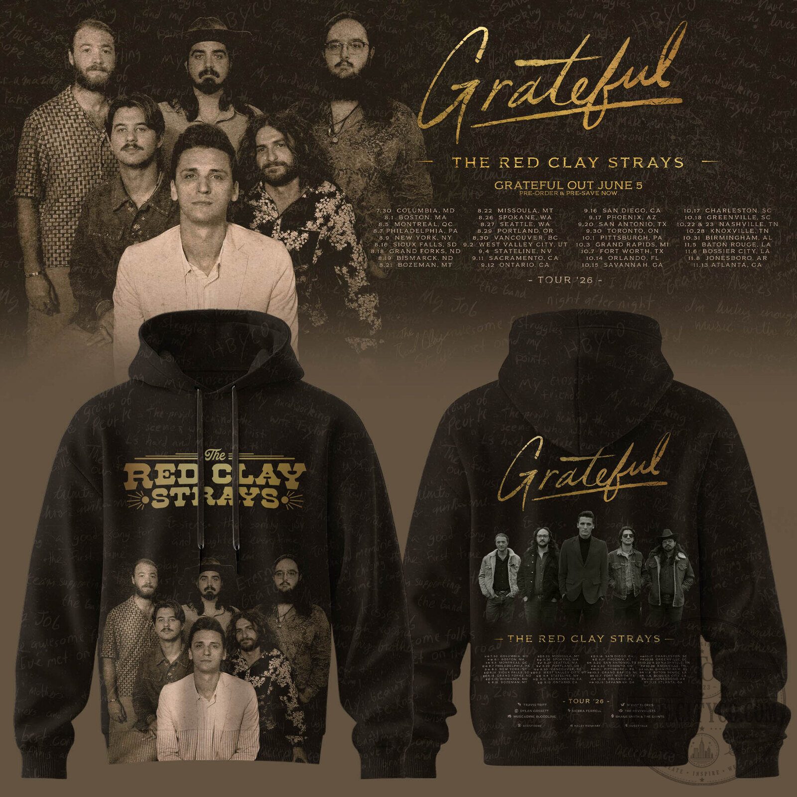 The Red Clay Strays Grateful Tour 2026 Here We Go Again Black Hoodie
