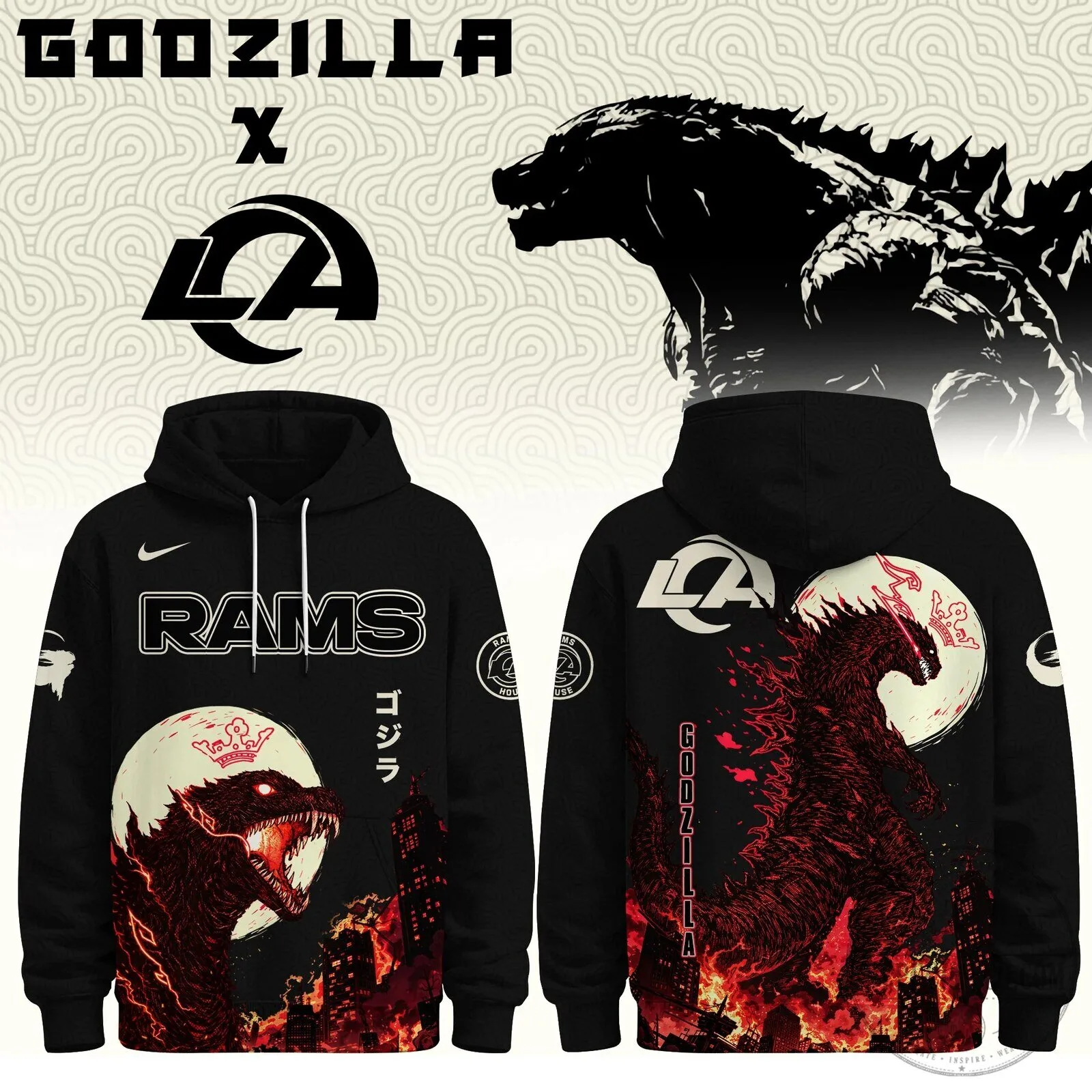 Los Angeles Rams Black Hoodie featuring Godzilla Minus One Design