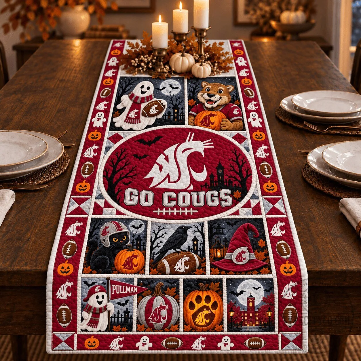 Washington State Cougars Halloween Haunted Game Night Table Runner 1 Washington State Cougars Halloween Haunted Game Night Table Runner