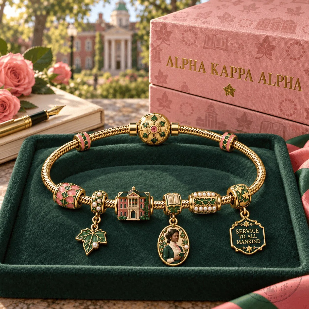 Alpha Kappa Alpha Sorority Gold Charm Bracelet Set with Pink and Green Enamel