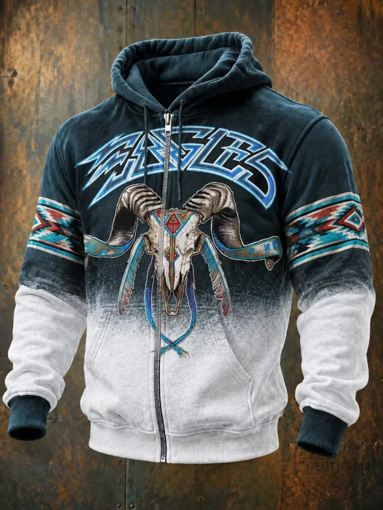 Eagles Band Logo Skull Ram Horns Native American Pattern Zip Up Hoodie 1 Eagles Band Logo Skull Ram Horns Native American Pattern Zip Up Hoodie