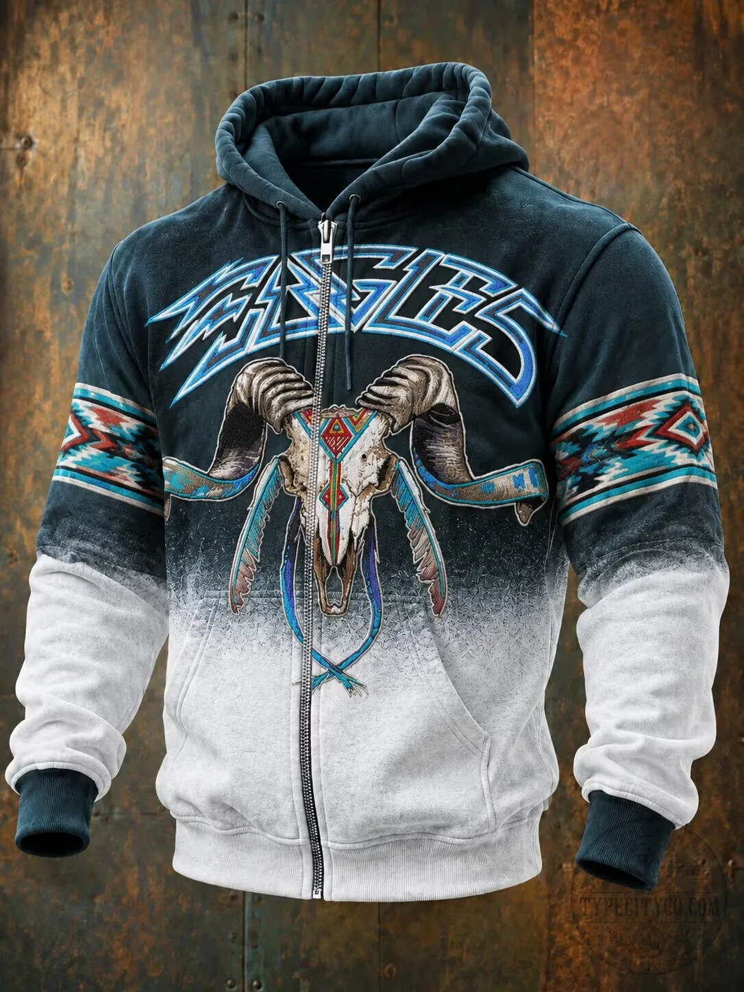 Eagles Band Logo Skull Ram Horns Native American Pattern Zip Up Hoodie