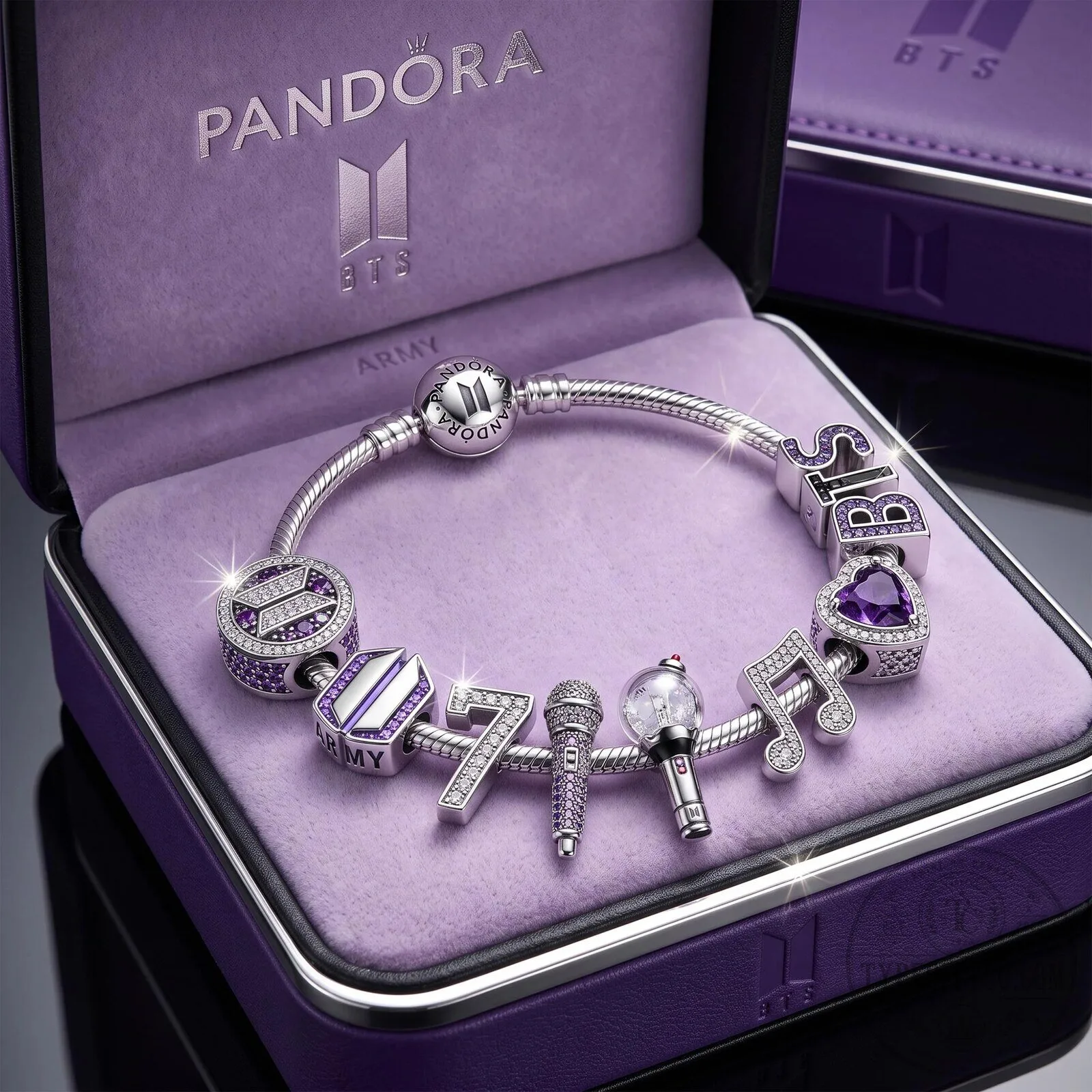 Pandora BTS Army Charm Bracelet with Purple Heart and Microphone Charms