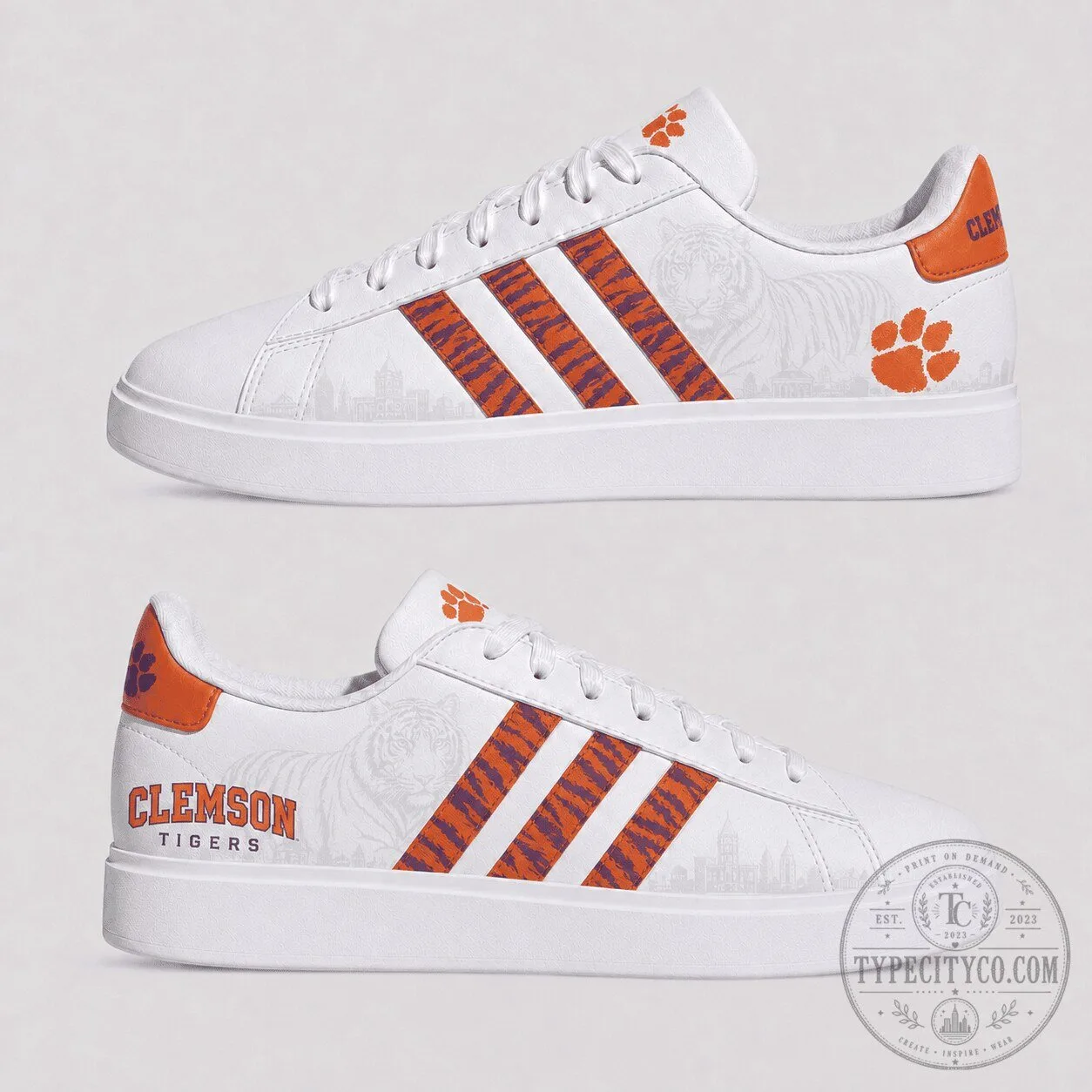 Clemson Tigers NCAA College Football Team White Stripe Pattern Sneakers Shoes