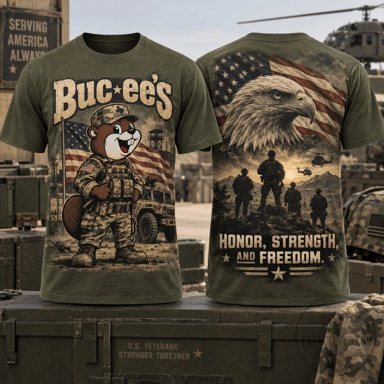 Buc-ee's Military Eagle American Flag Olive Green T-Shirt