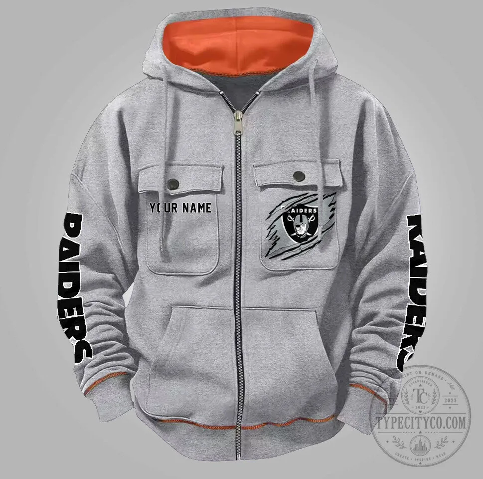 Las Vegas Raiders Personalized Gray Velvet Casual Zipper Hoodie