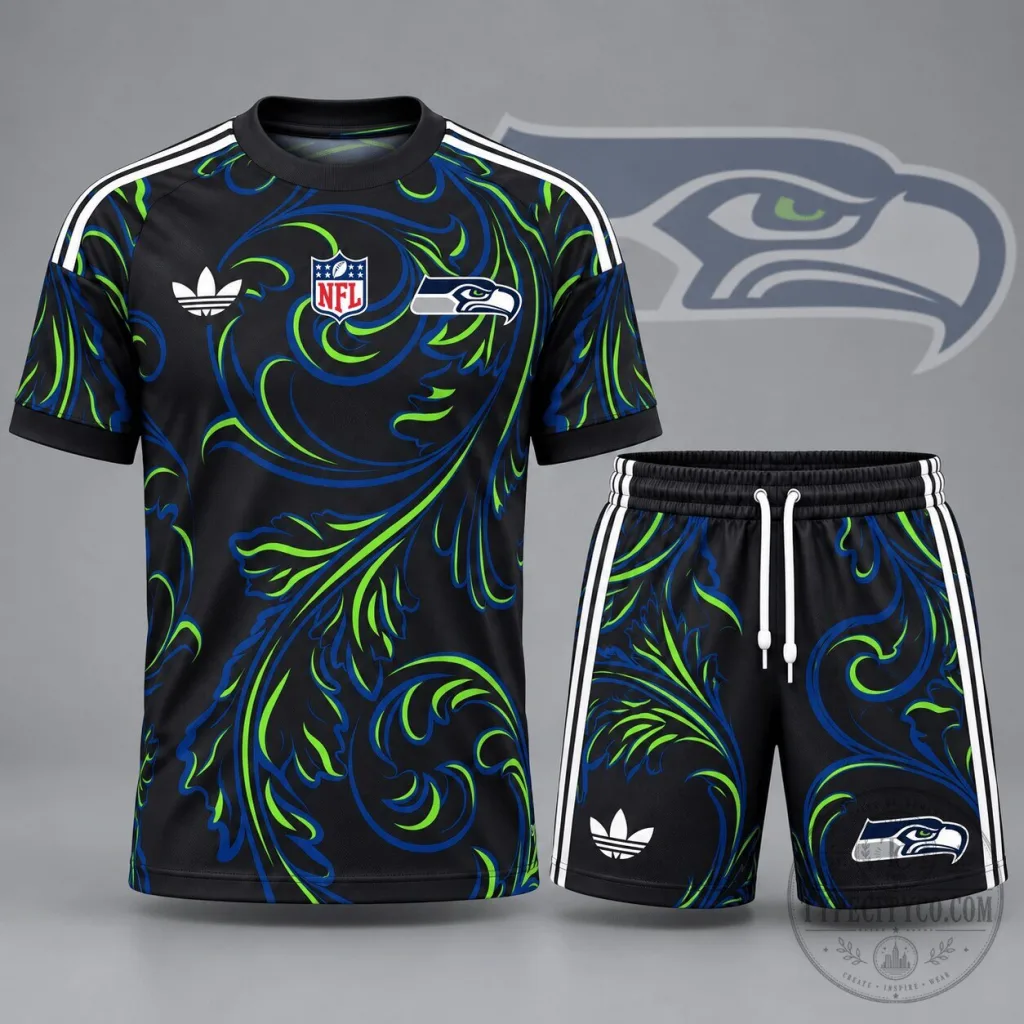 Seattle Seahawks NFL Heritage Swirl All Over Print Football Jersey and Shorts Set Seattle Seahawks NFL Heritage Swirl All Over Print Football Jersey and Shorts Set