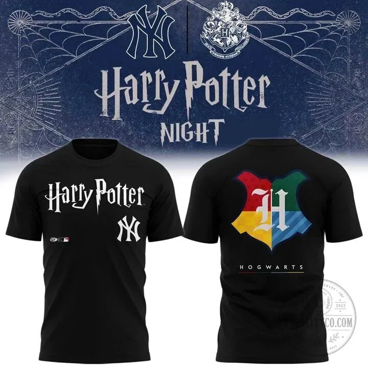 Black T-Shirt Featuring Hogwarts Night with Harry Potter and New York Yankees Design