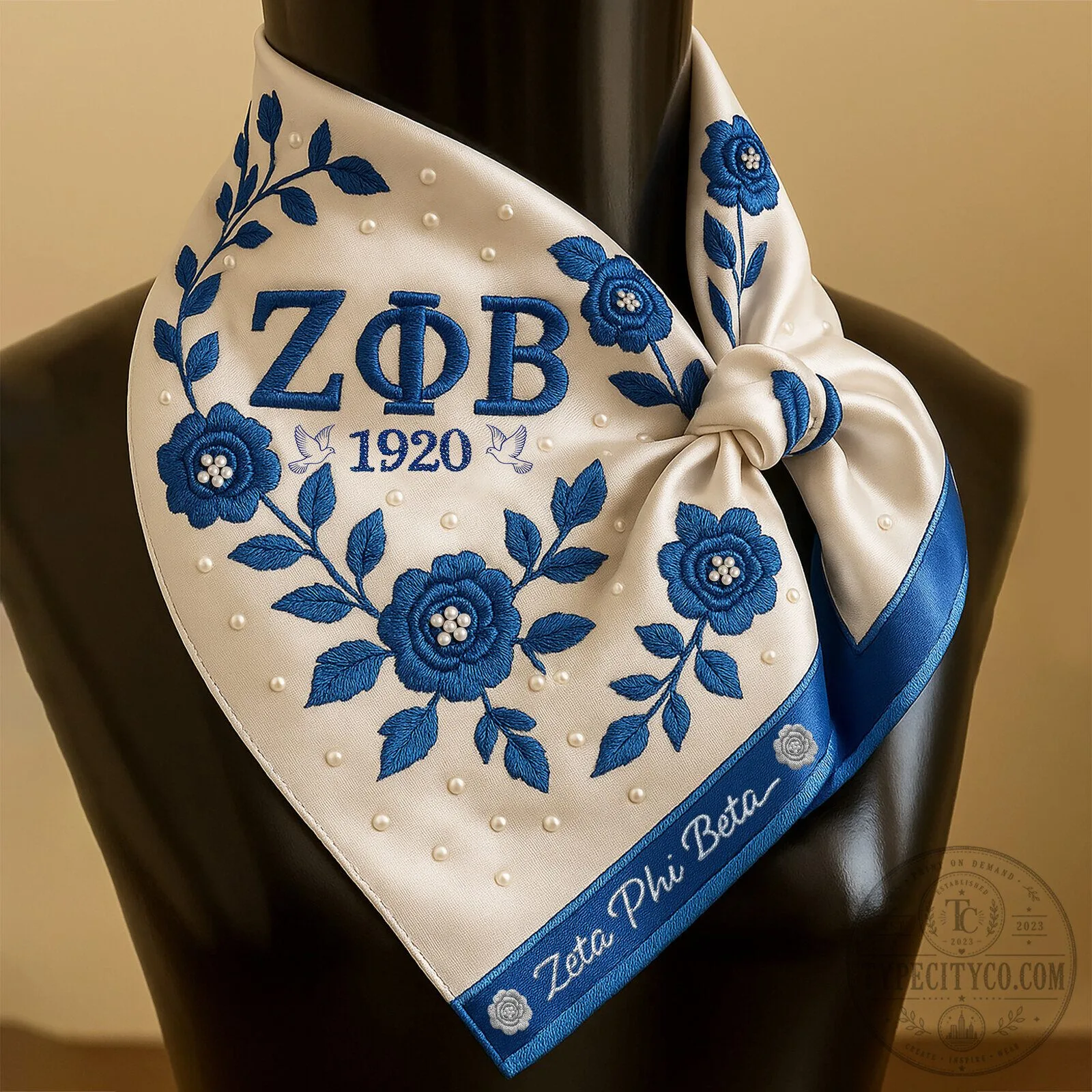 Zeta Phi Beta Sorority Incorporated Blue Rose Pattern White Silk Scarf