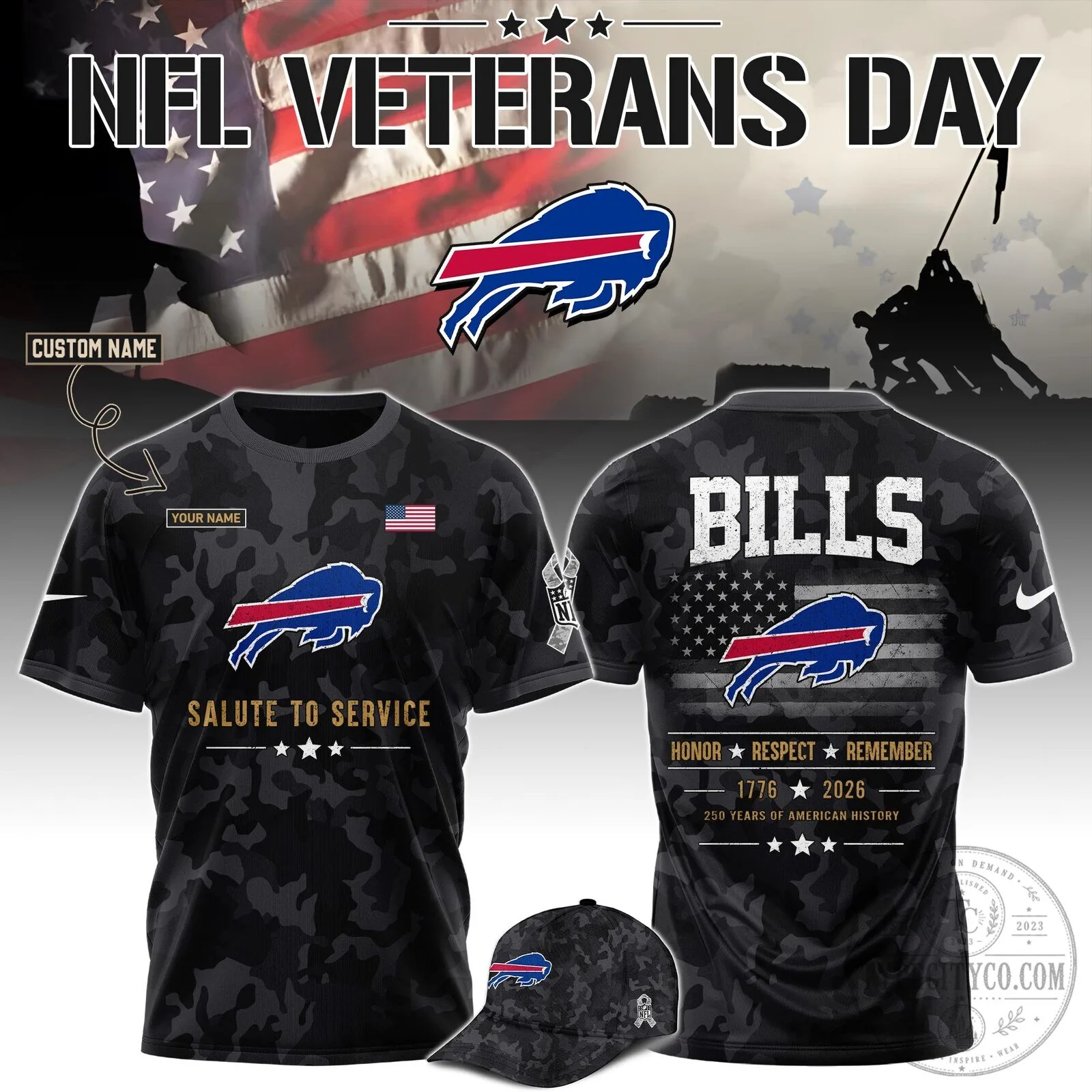 Buffalo Bills NFL Veterans Day Salute To Service Black Camouflage T-Shirt