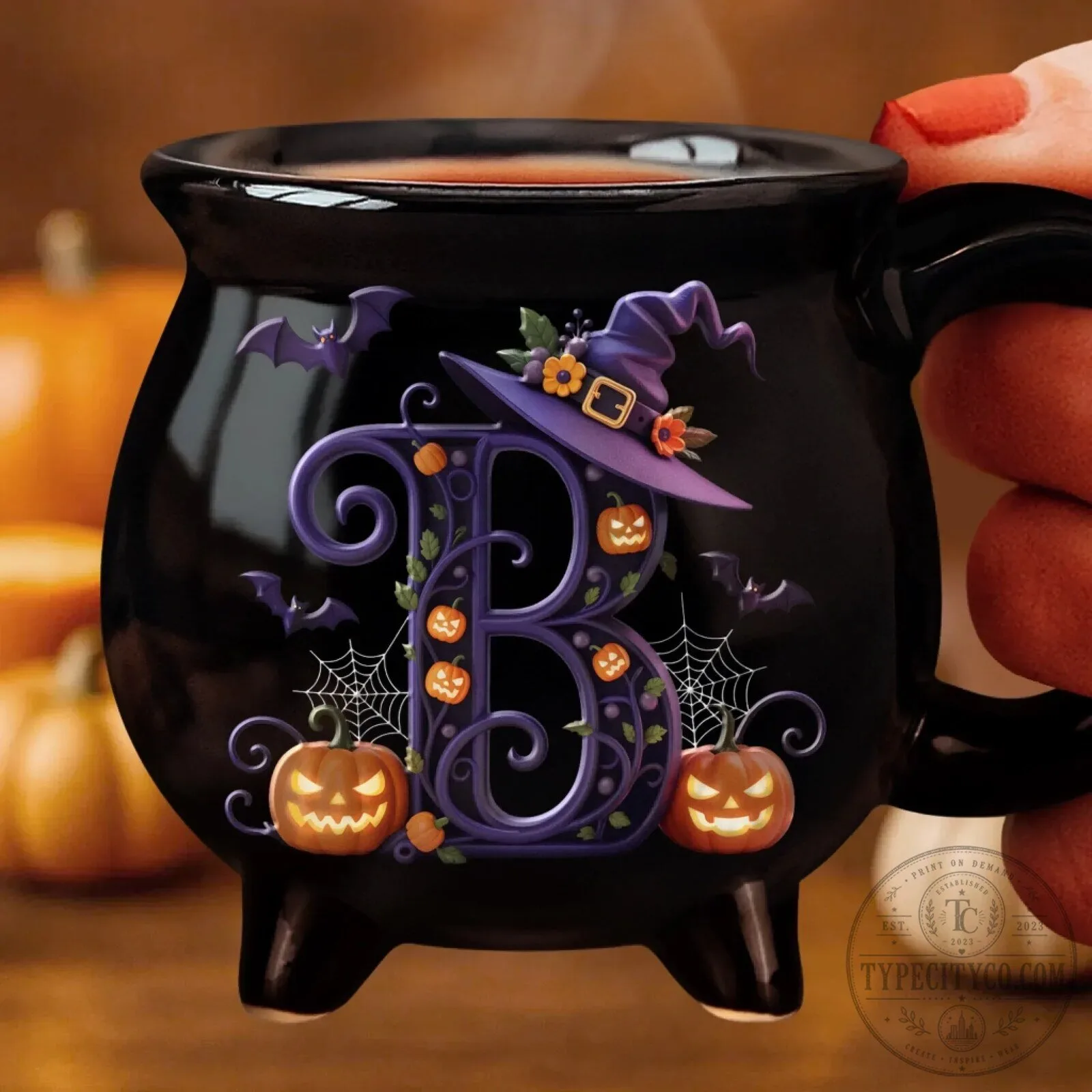 Personalized Halloween Witch Cauldron Coffee Mug with Initial B Design