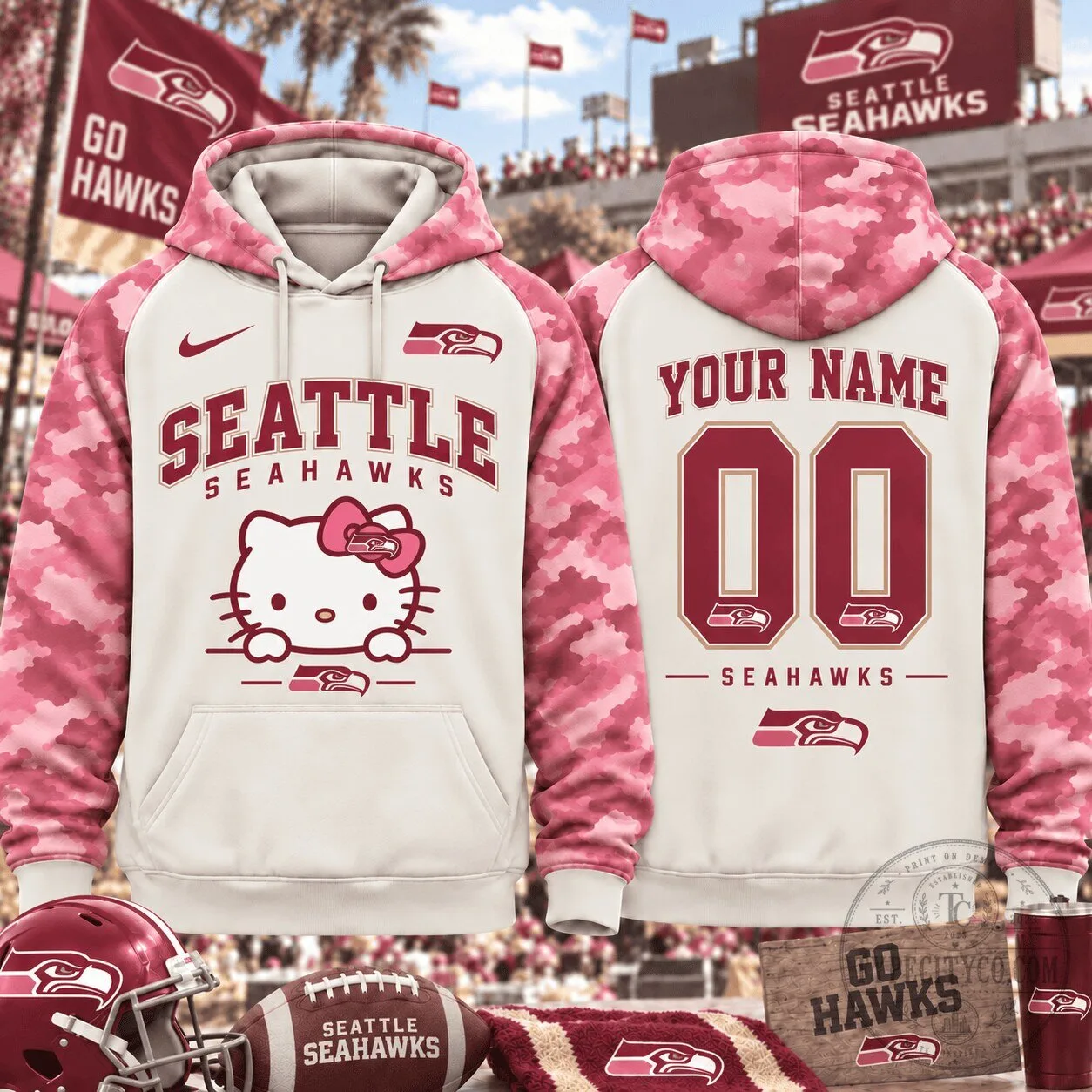 Seattle Seahawks Hello Kitty Pink Camouflage Custom Hoodie