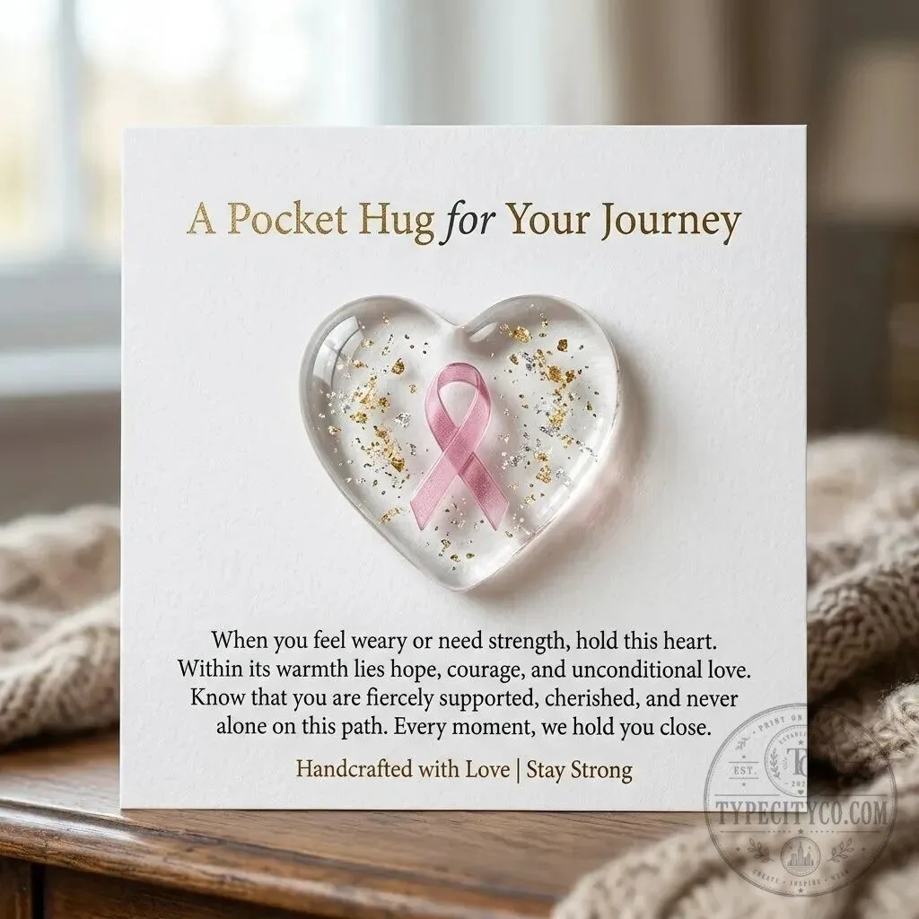 Pink Ribbon Cancer Awareness Heart Pocket Hug with Inspirational Message Card