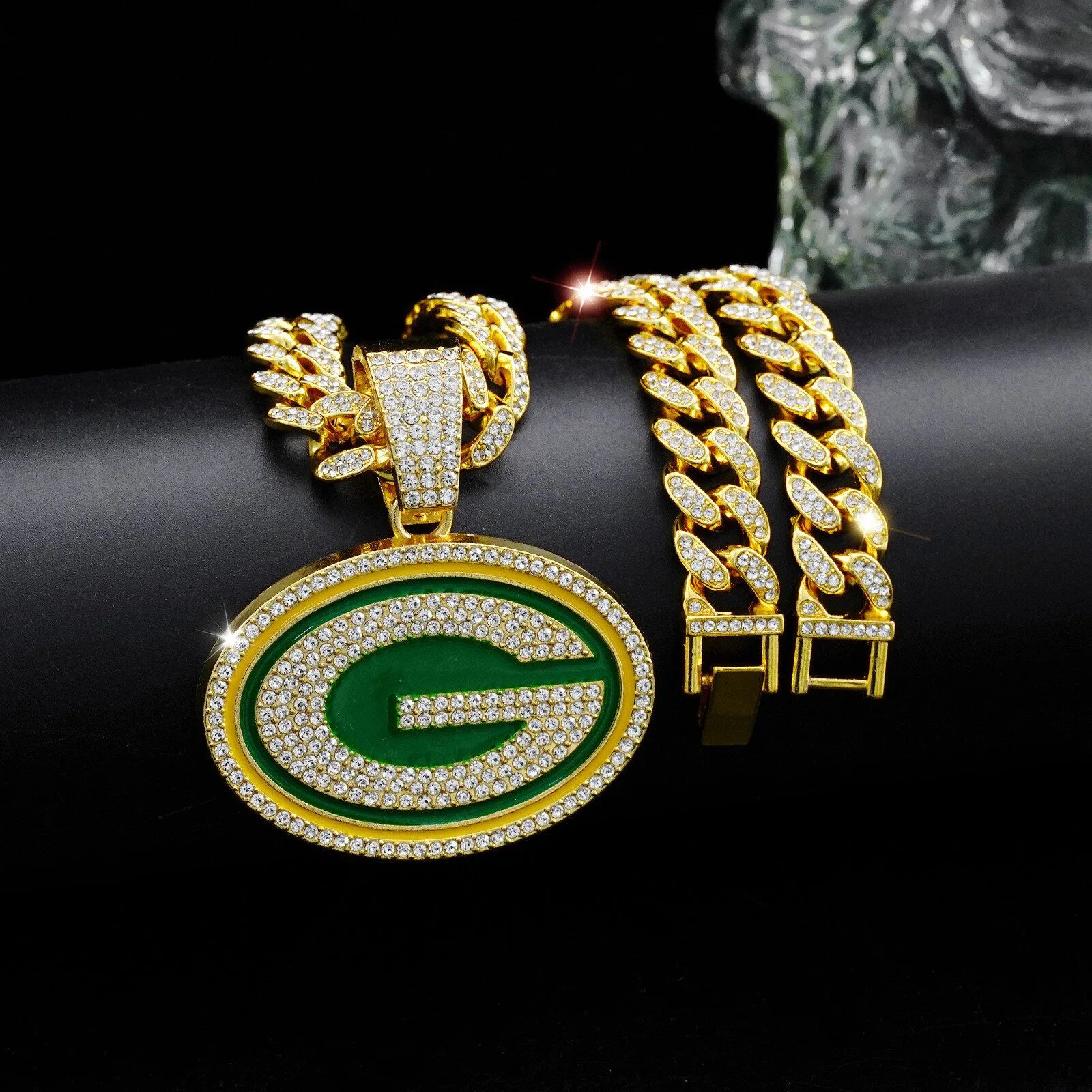 Green Bay Packers Football Team Logo Gold Plated Iced Out Pendant Necklace
