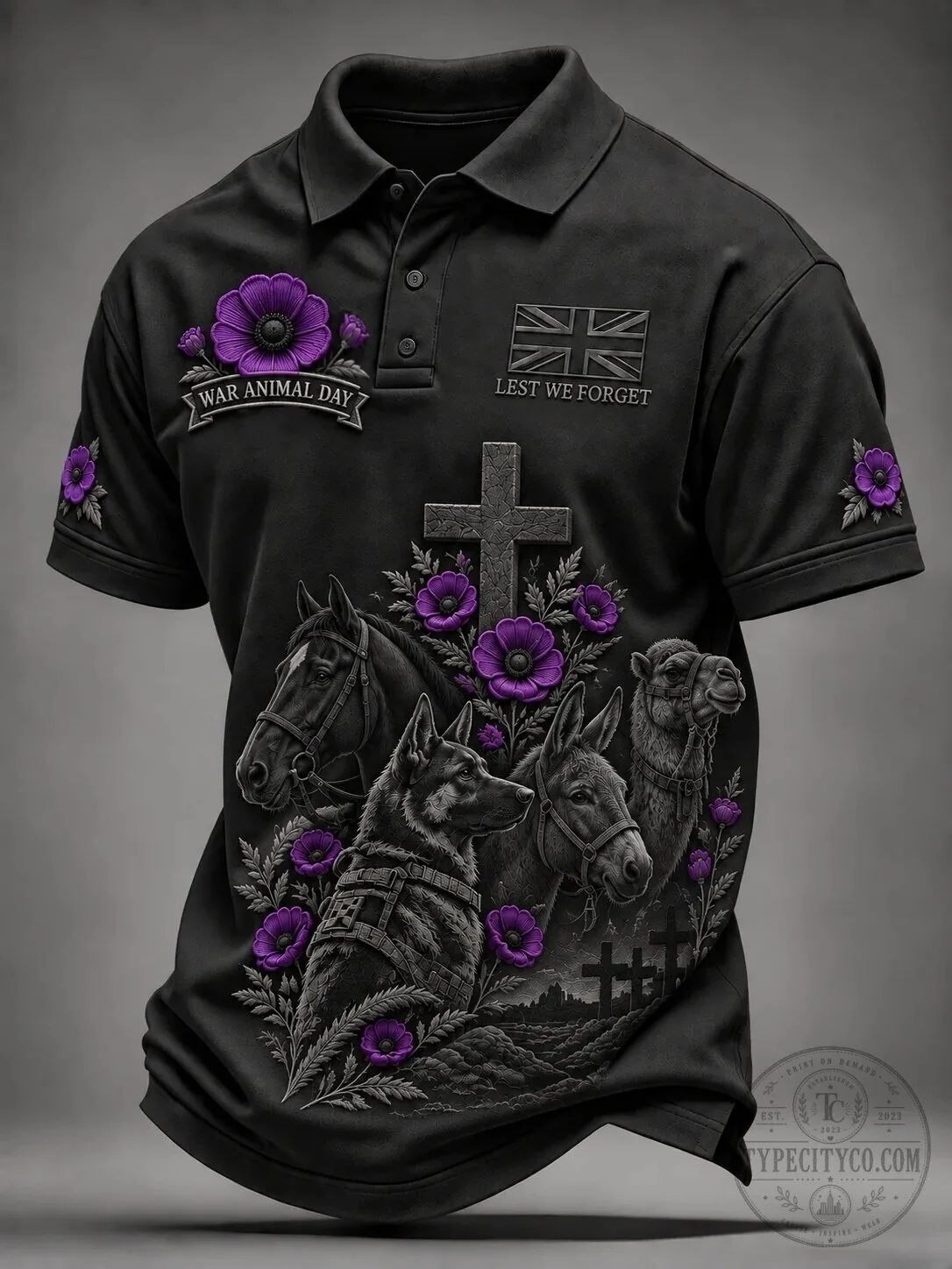 War Animal Day Lest We Forget Purple Poppy Remembrance Day Polo Shirt