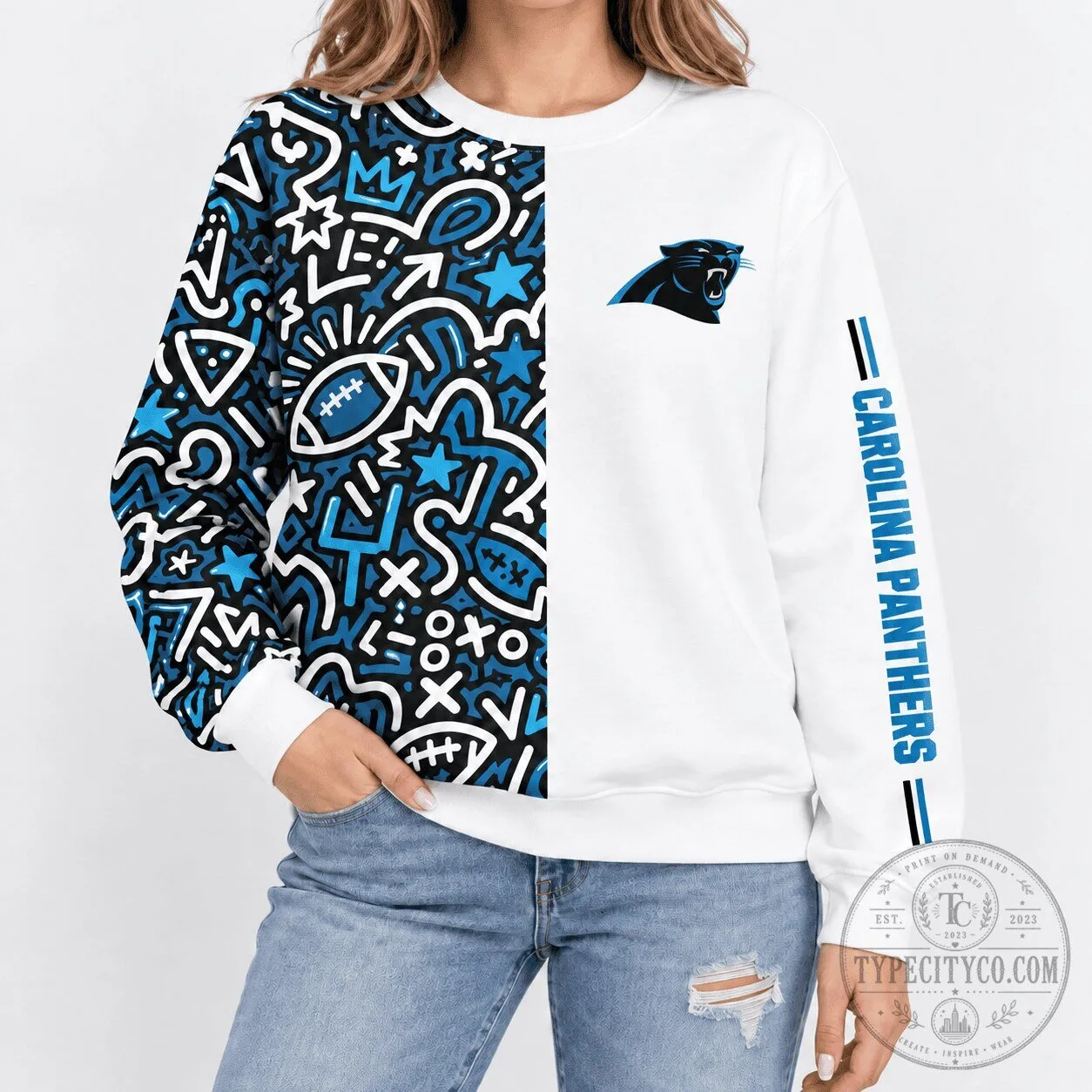 Carolina Panthers National Football League Pop Art Doodle White and Blue Sweatshirt