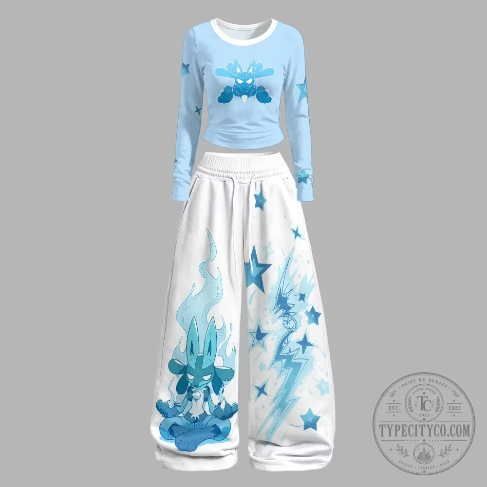 Pokemon Lucario Blue Stars Long Sleeve Crop Top and Wide Leg Pants Set