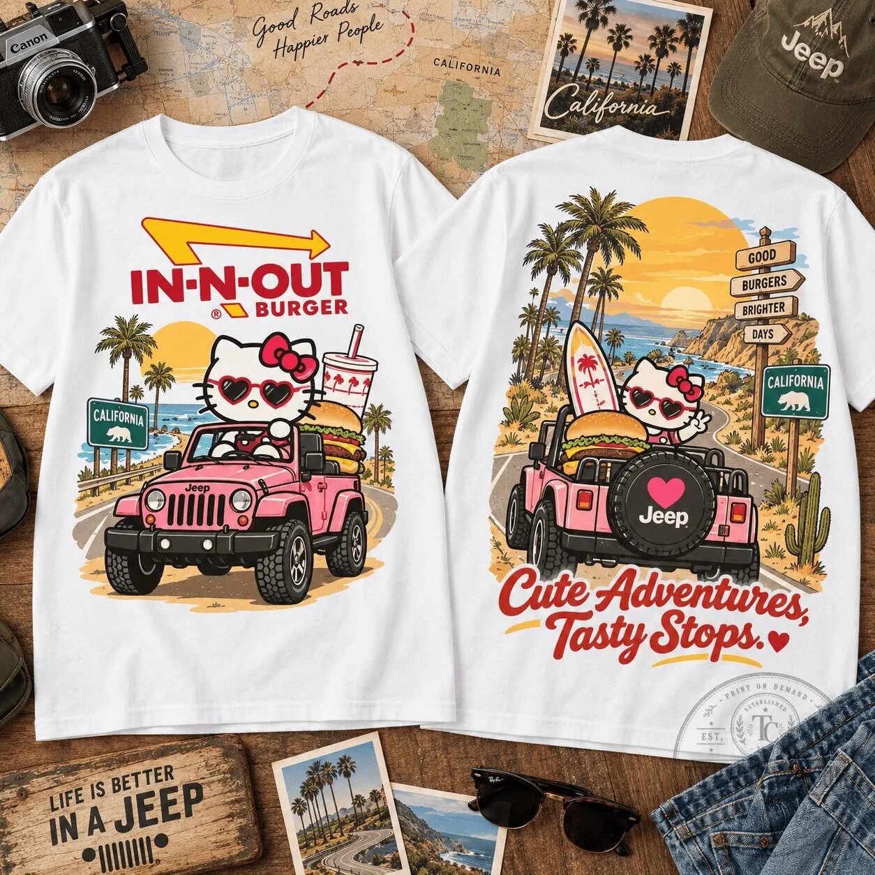 Hello Kitty In-N-Out Burger Jeep California Road Trip T-Shirt