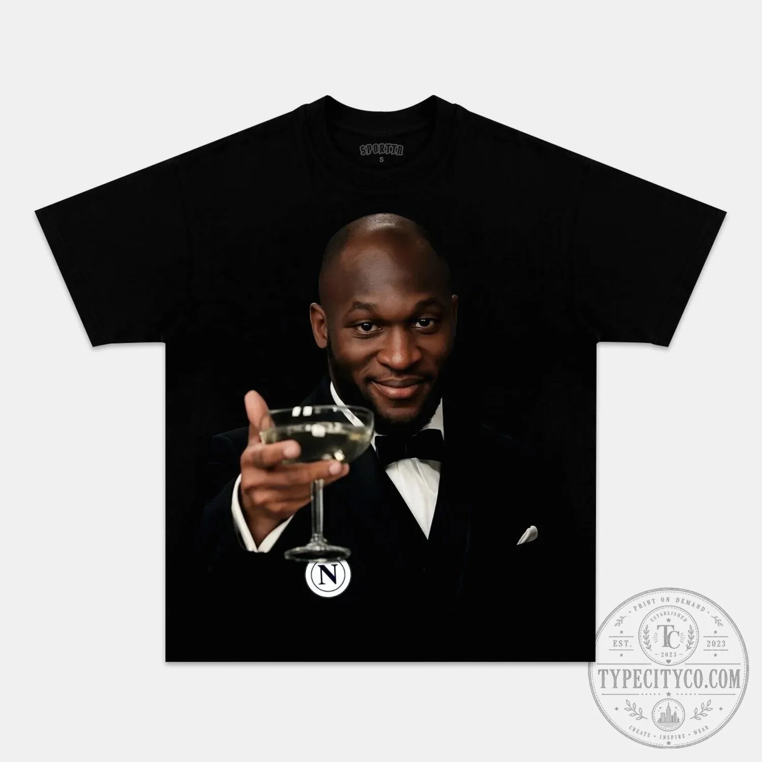 Romelu Lukaku Footballer Toasting Champagne Black Adult T-Shirt