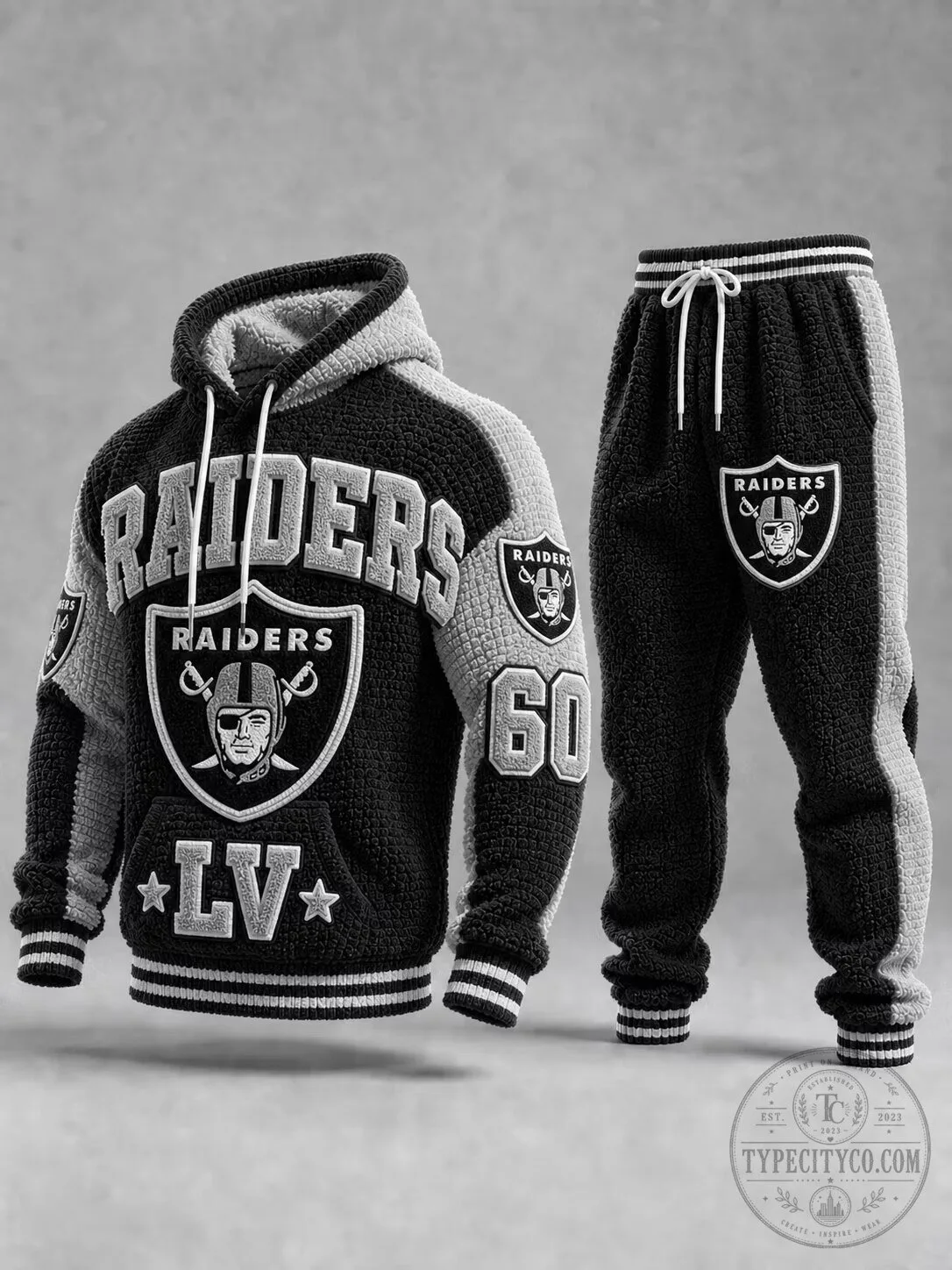 Las Vegas Raiders Black and Grey Textured Fleece Hoodie and Sweatpants Set