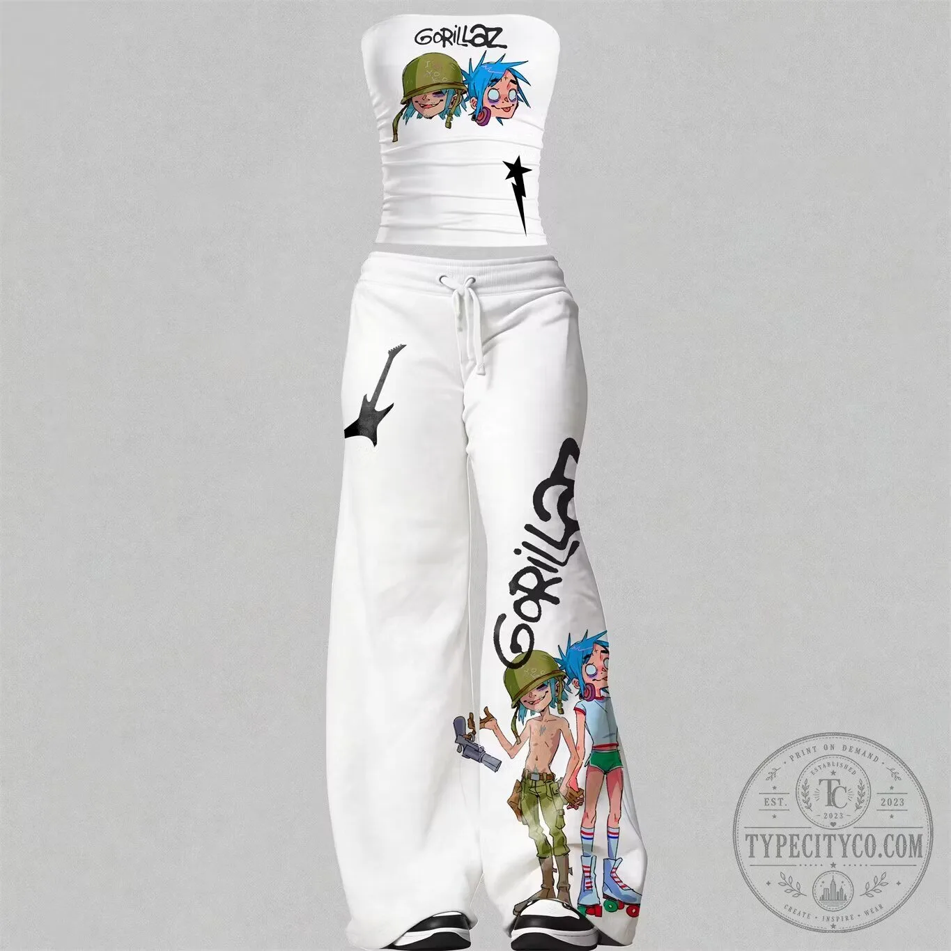 Gorillaz Band Members White Bandeau Top and Elasticated Trousers Two-Piece Set