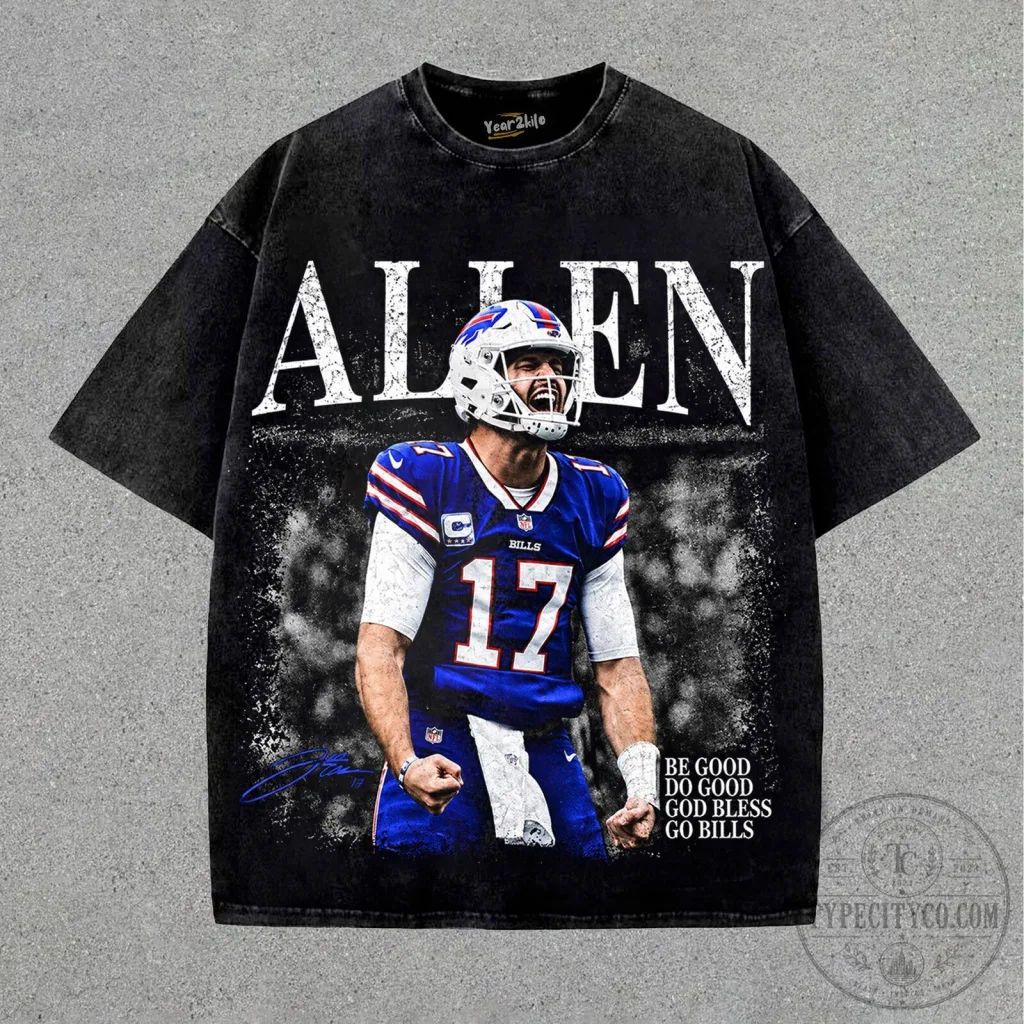 Buffalo Bills T-Shirt Featuring Graphic Design of Football Star Josh Allen