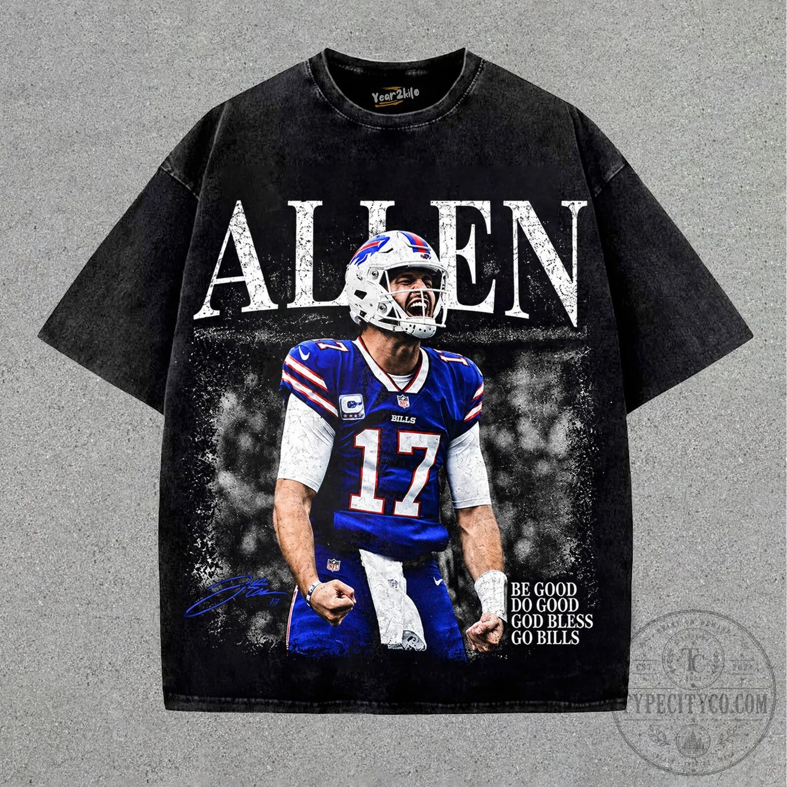 Buffalo Bills T-Shirt Featuring Graphic Design of Football Star Josh Allen