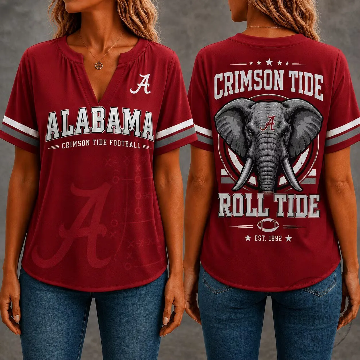 Alabama Crimson Tide Football Elephant Roll Tide Women's V-Neck T-Shirt