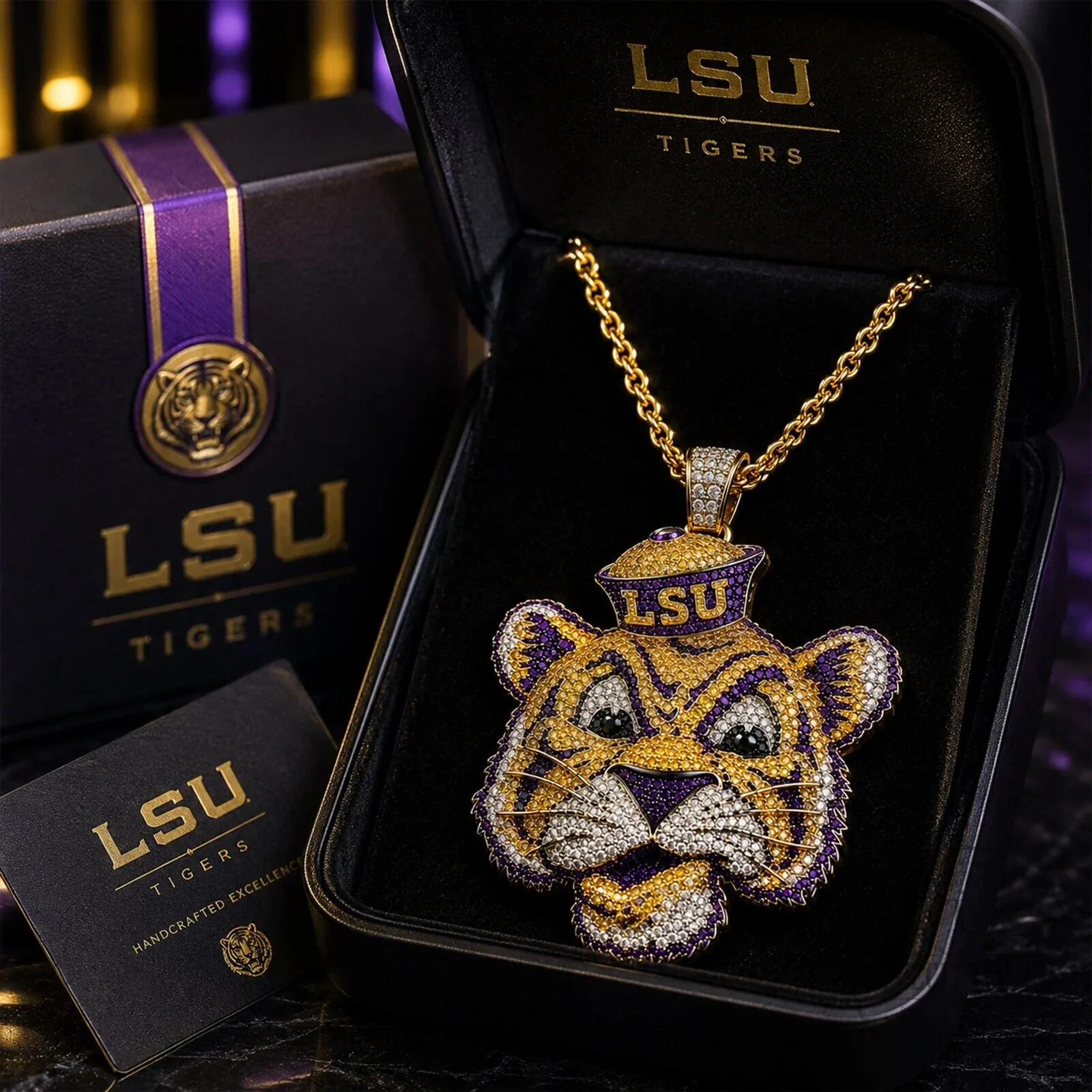 Louisiana State University Tigers Diamond Encrusted Mascot Pendant Necklace