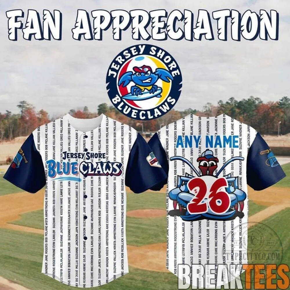 Jersey Shore BlueClaws Fan Appreciation Typography Baseball Jersey