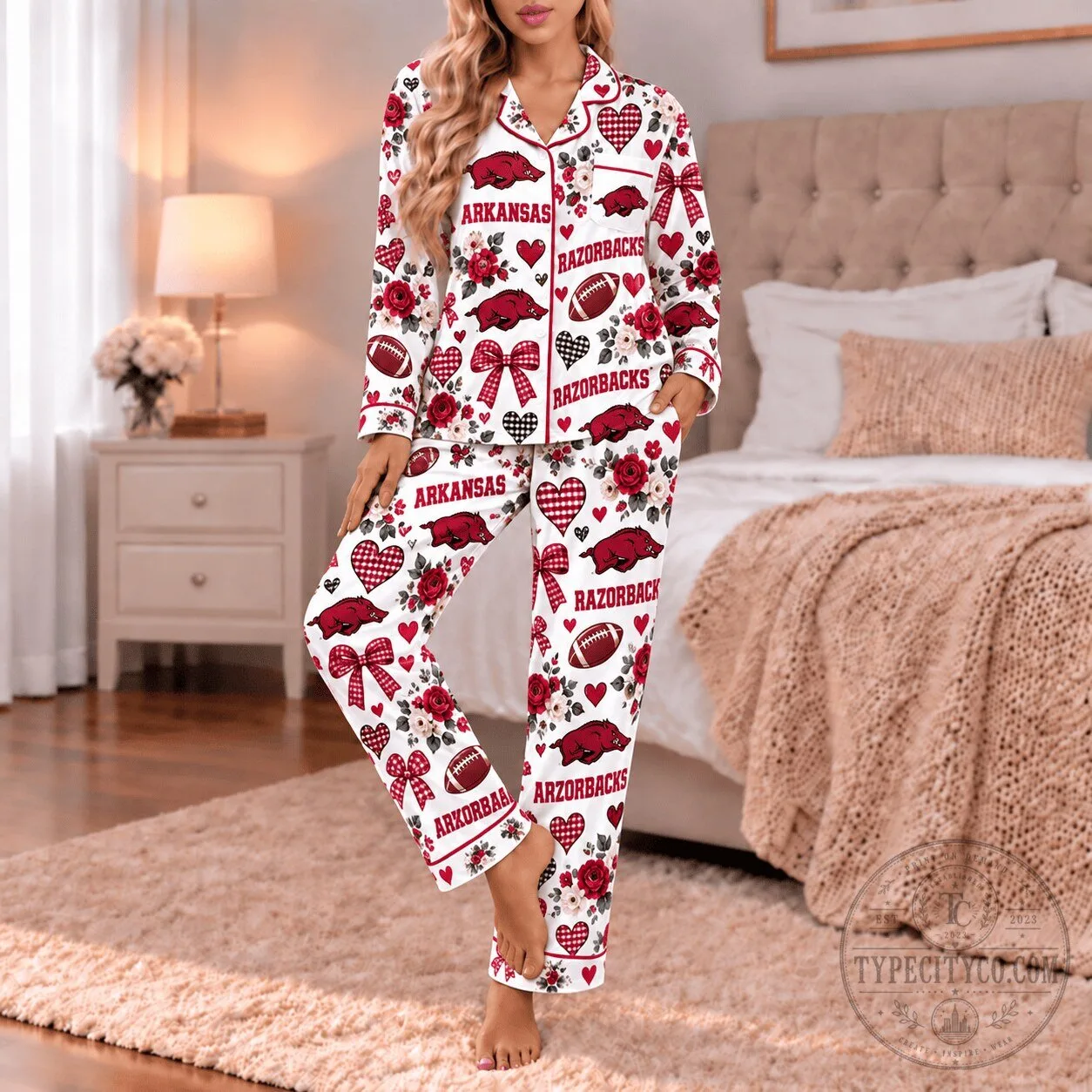 Arkansas Razorbacks Women's Long Sleeve Button Up Pajamas Set 1 Arkansas Razorbacks Women's Long Sleeve Button Up Pajamas Set