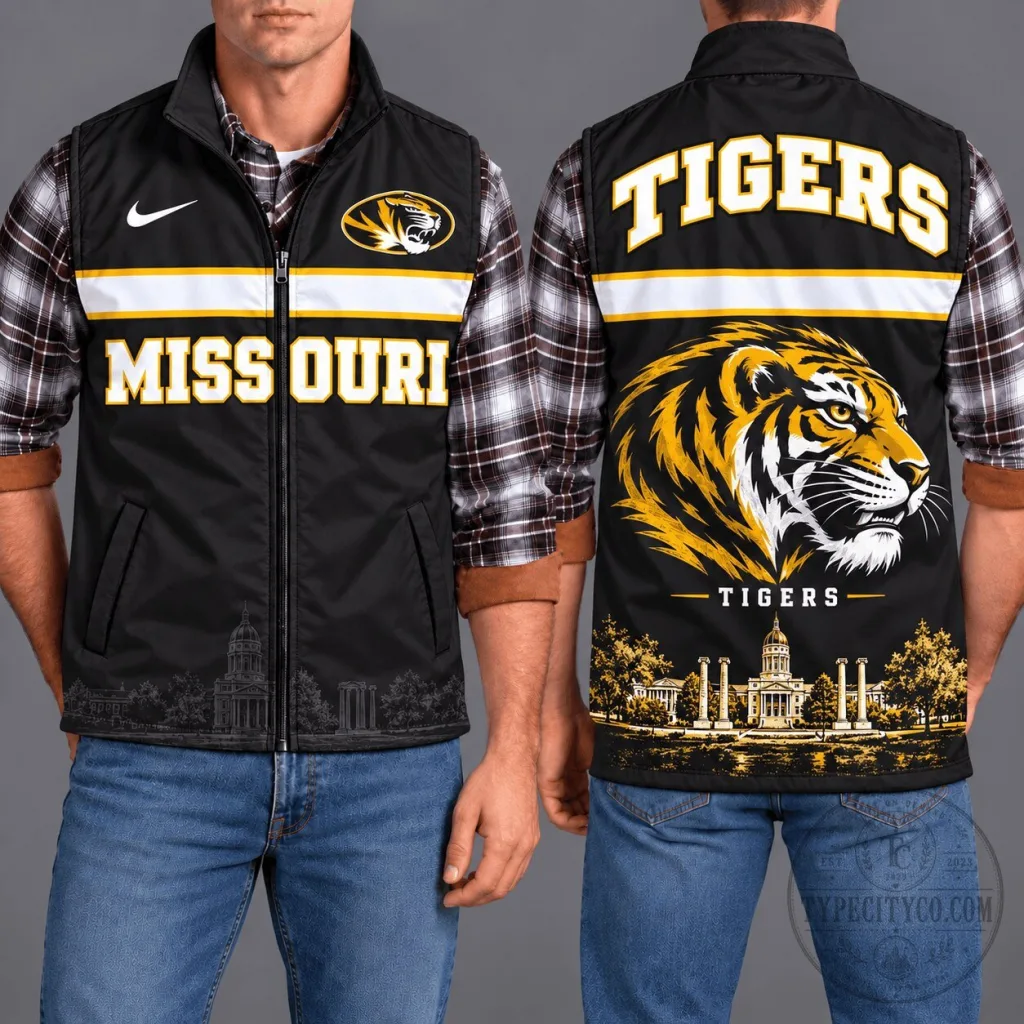Missouri Tigers NCAA College Football Team Black Sleeveless Zip Vest Jacket Missouri Tigers NCAA College Football Team Black Sleeveless Zip Vest Jacket