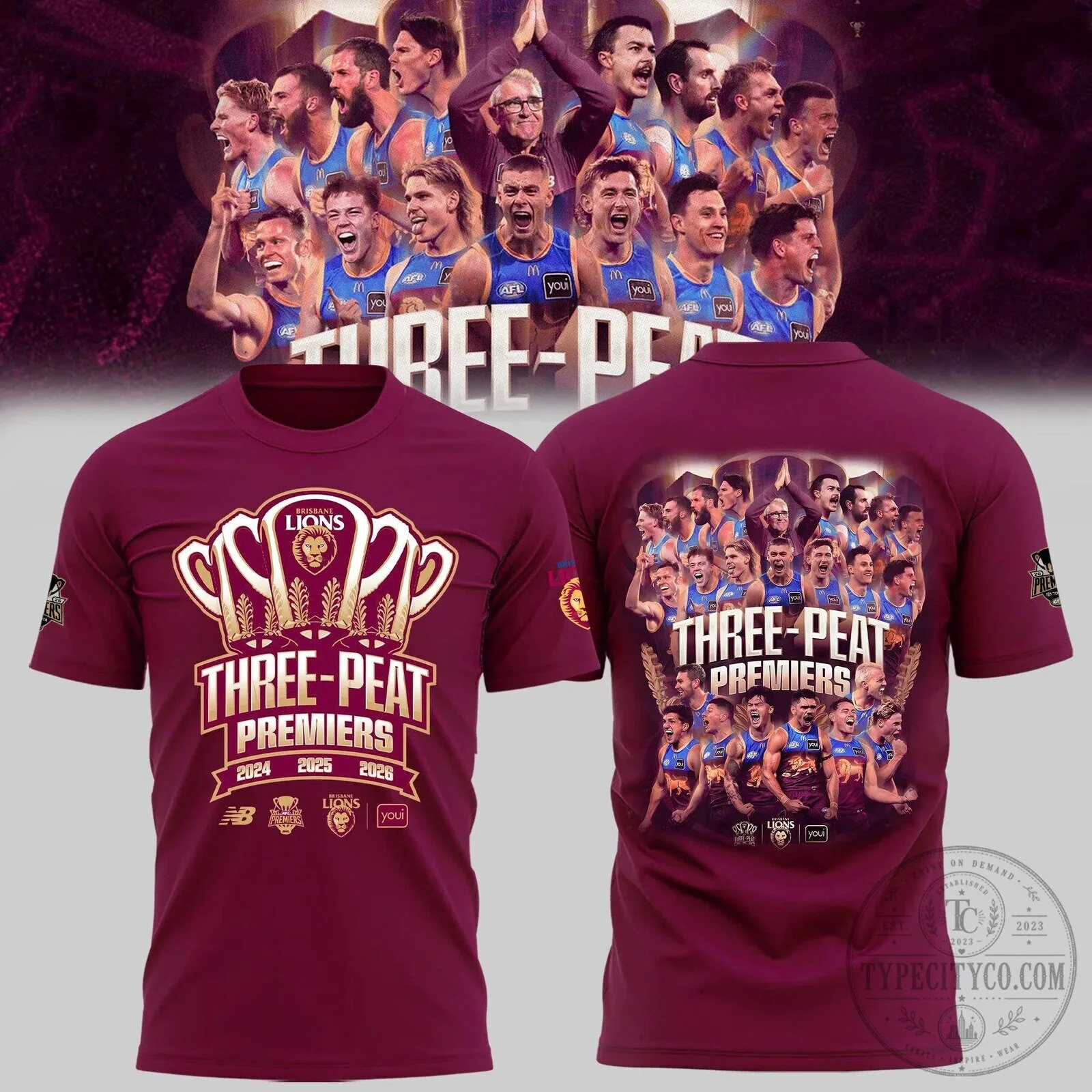 2024 2025 2026 Commemorative T-Shirt for Brisbane Lions AFL Three-Peat Champions