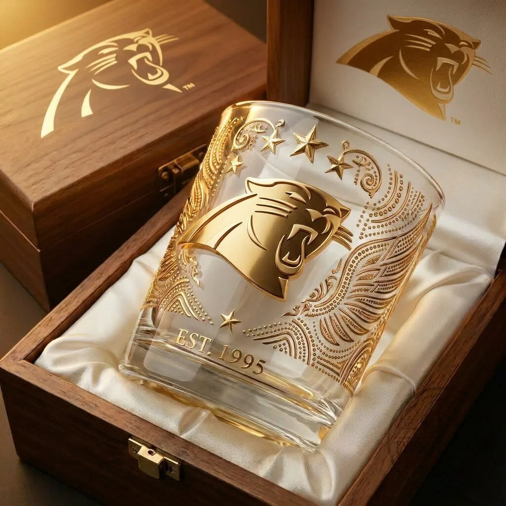 Carolina Panthers Gold Logo Engraved Whiskey Glass with Wooden Box