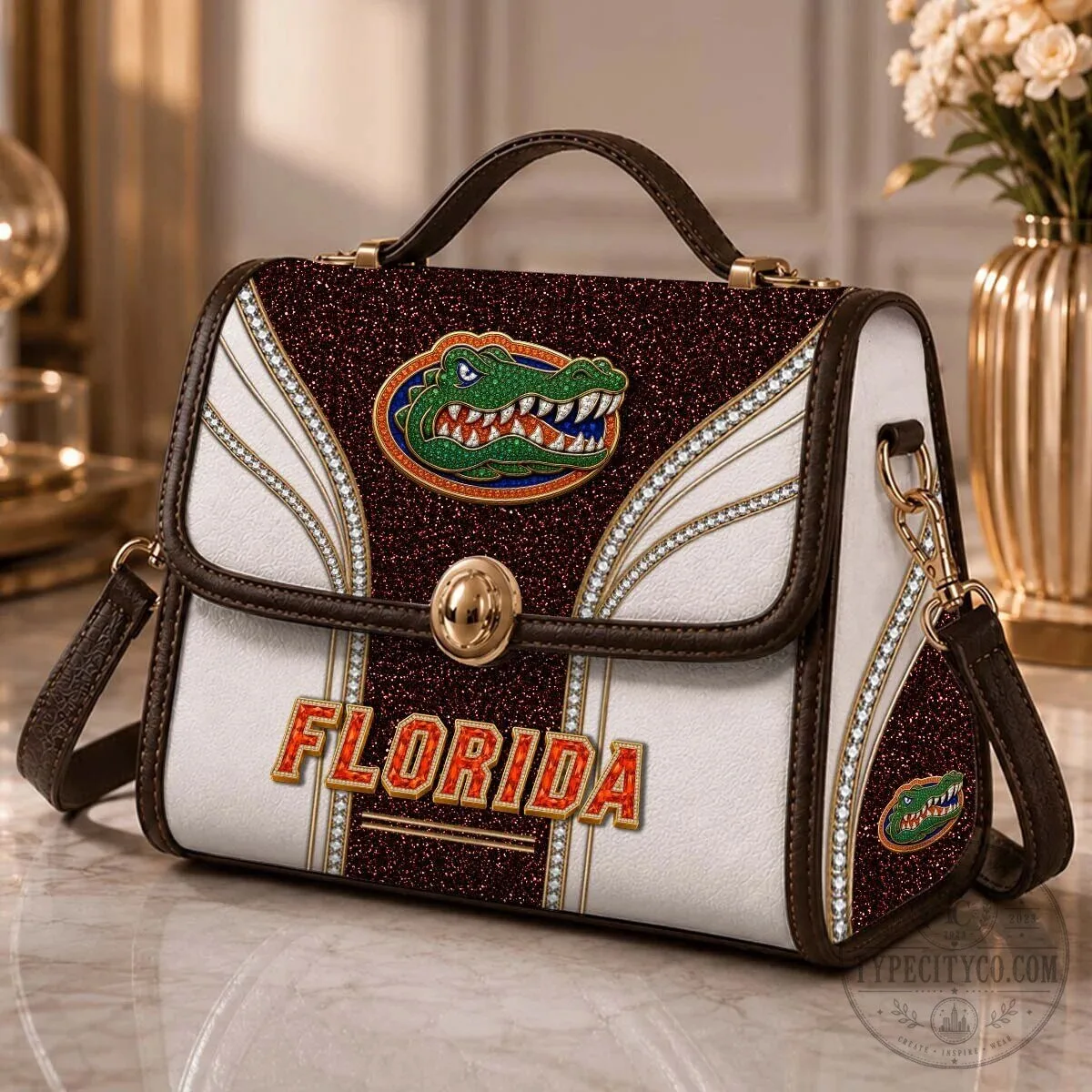 Florida Gators NCAA Football Team Logo Sparkle Leather Handbag