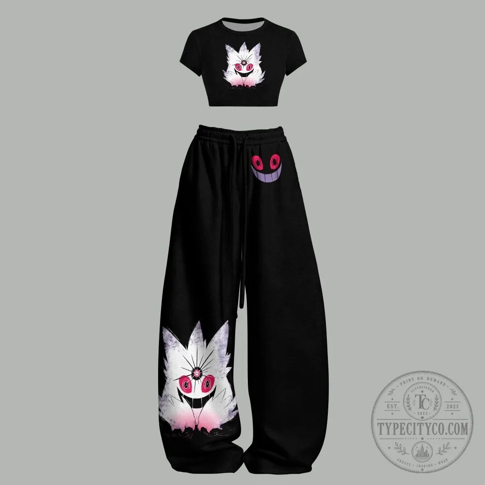 Gengar Pokemon Anime Character Crop Top and Wide Leg Pants Two-Piece Set