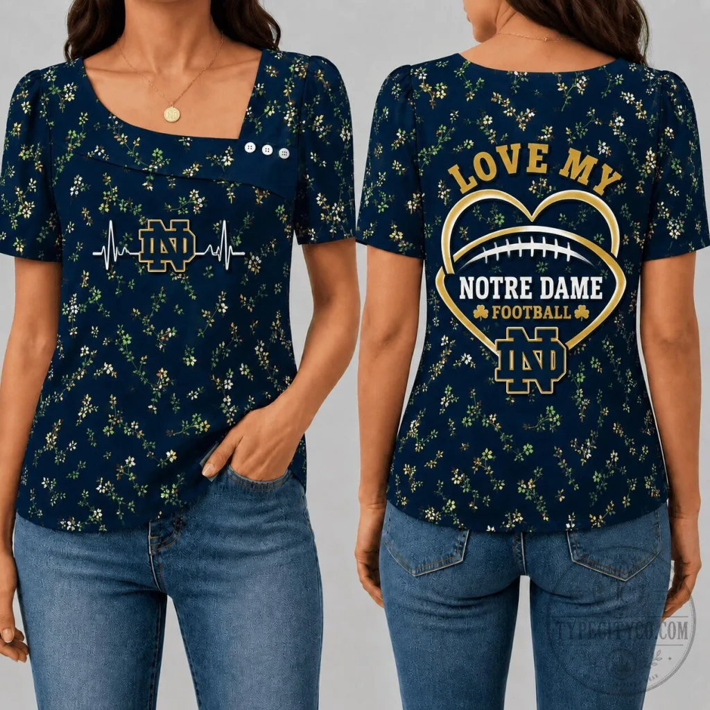 Notre Dame Football Fighting Irish Love Heart Square Neck Short Sleeve T-Shirt Notre Dame Football Fighting Irish Love Heart Square Neck Short Sleeve T-Shirt