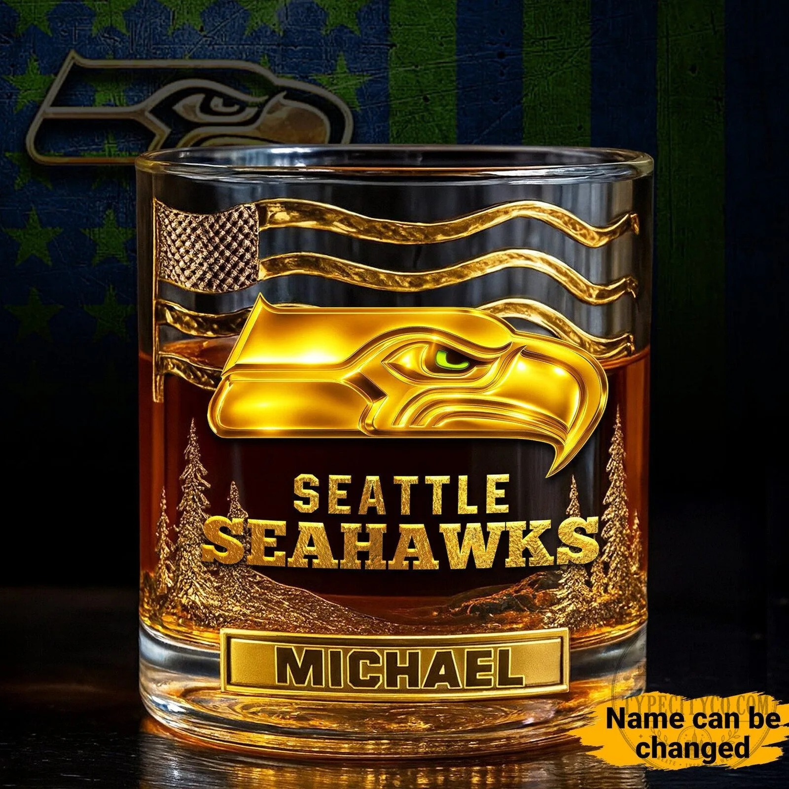Seattle Seahawks Personalized Whiskey Glass with American Flag Design