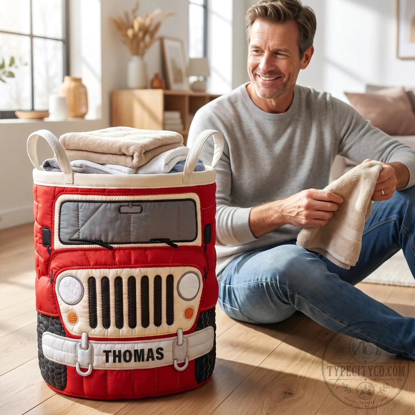 Personalized Red Jeep Car Quilted Laundry Basket for Off-Road Lovers