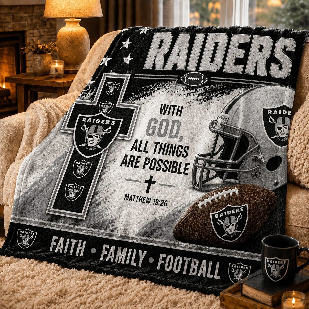 Las Vegas Raiders Football Team Faith Family Football Blanket