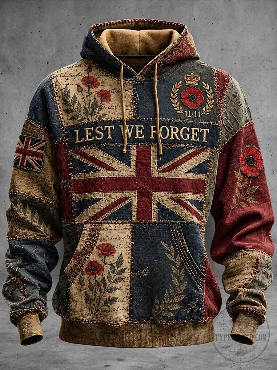 Lest We Forget Remembrance Day British Flag Poppy Patchwork Hoodie