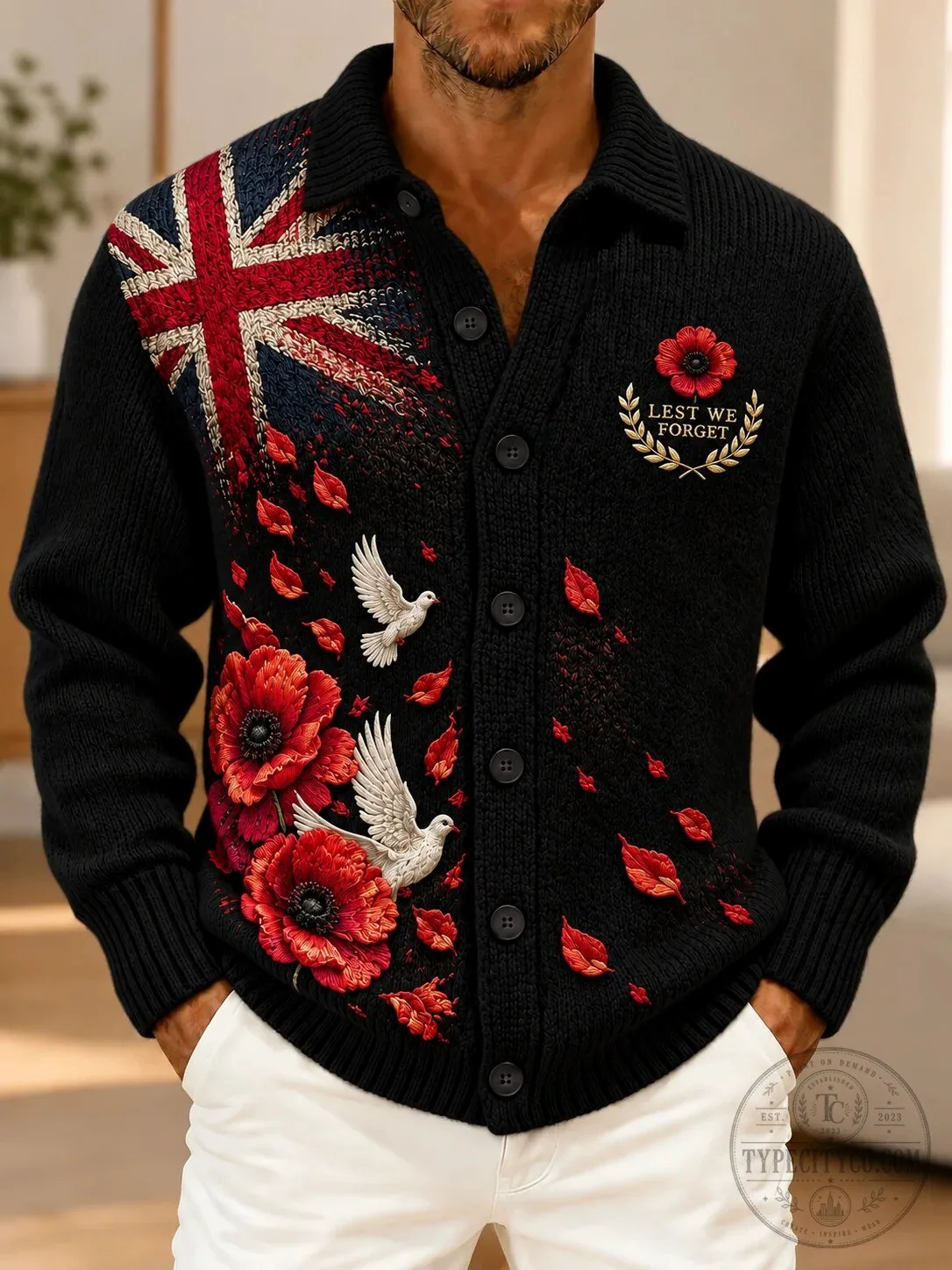 Remembrance Day Lest We Forget Poppies and Union Jack Knitted Cardigan Sweater