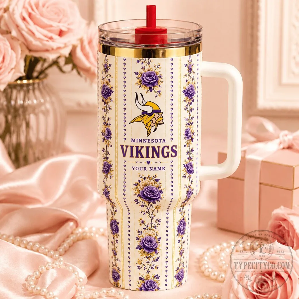 Minnesota Vikings NFL Floral Pattern Insulated Straw Tumbler with Handle Minnesota Vikings NFL Floral Pattern Insulated Straw Tumbler with Handle