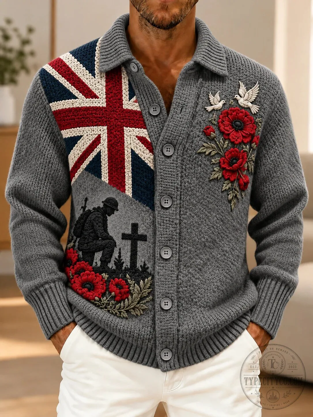 Remembrance Day British Union Jack Poppy Soldier Embroidered Cardigan Sweater