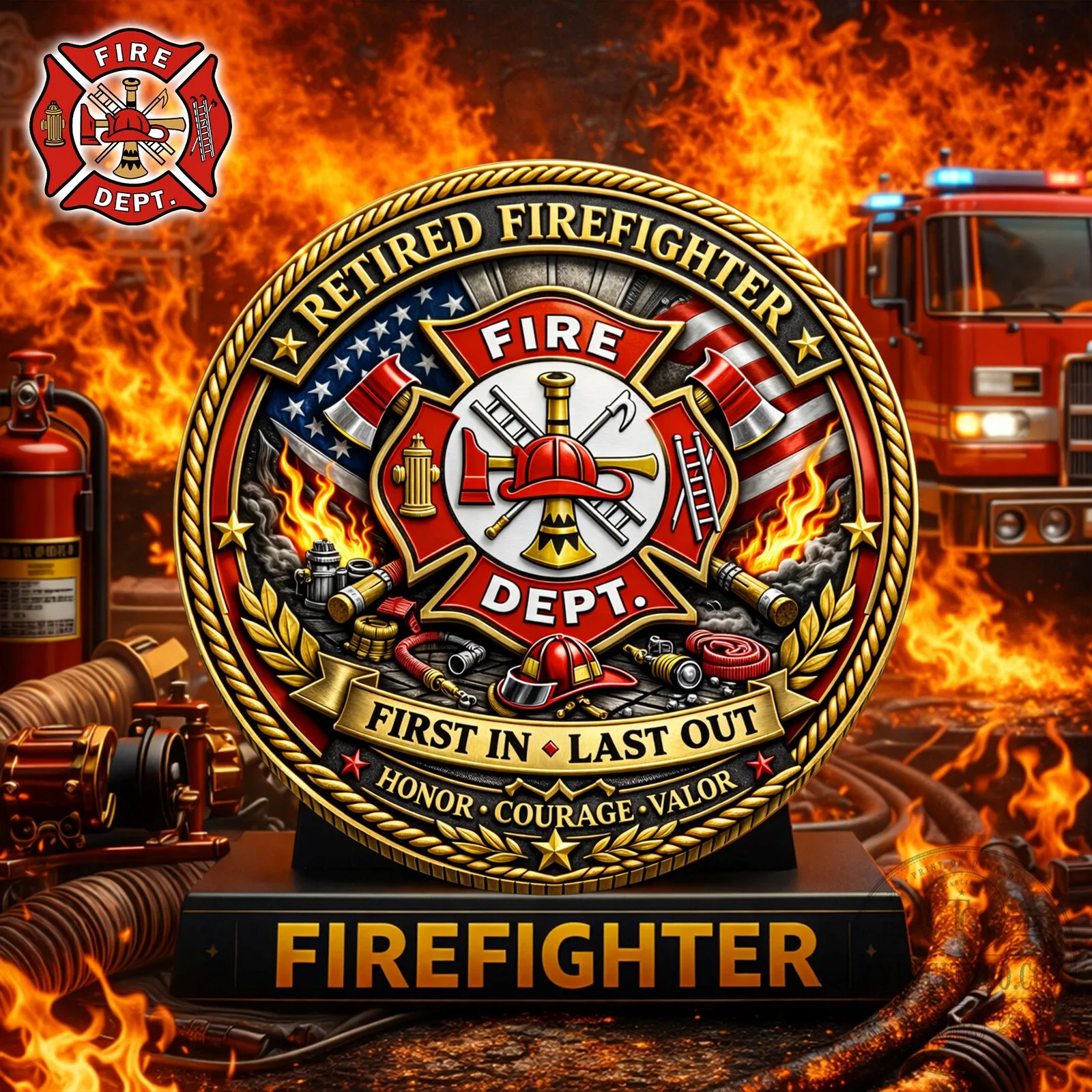 Retired Firefighter First In Last Out Commemorative Coin with Display Stand