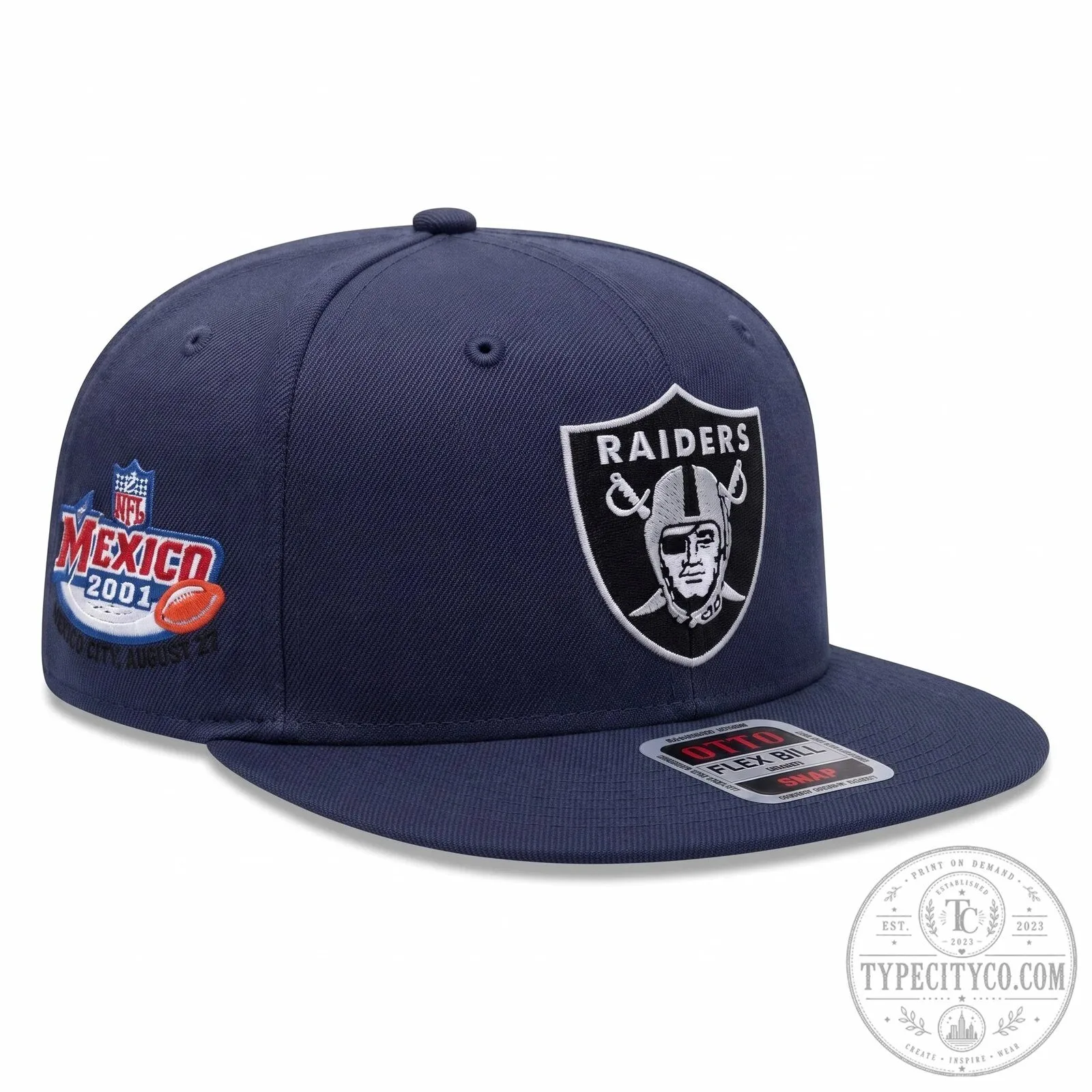 Embroidered Snapback Hat with Flat Bill - 2001 Las Vegas Raiders NFL Mexico Edition 8 Embroidered Snapback Hat with Flat Bill - 2001 Las Vegas Raiders NFL Mexico Edition