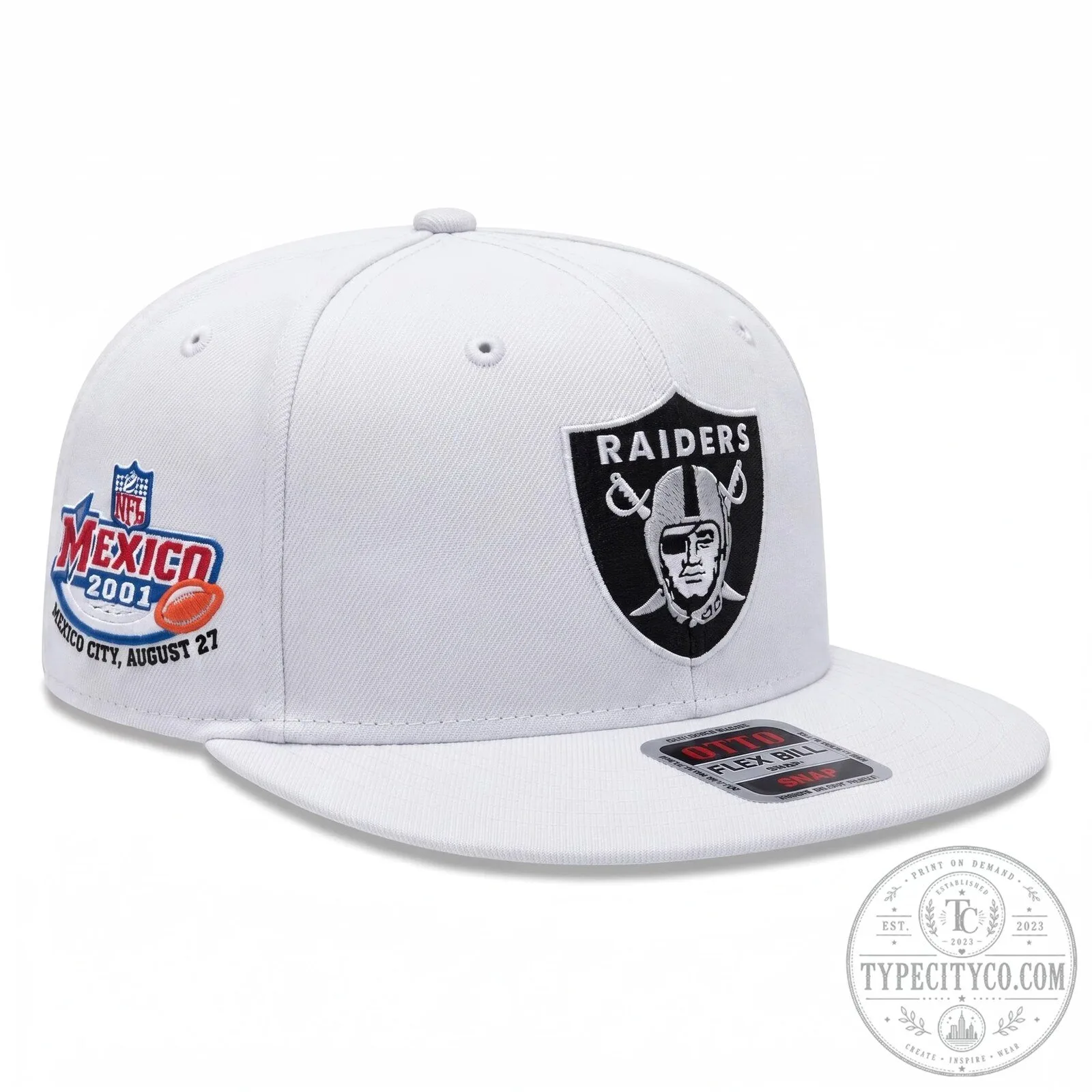 Embroidered Snapback Hat with Flat Bill - 2001 Las Vegas Raiders NFL Mexico Edition 9 Embroidered Snapback Hat with Flat Bill - 2001 Las Vegas Raiders NFL Mexico Edition