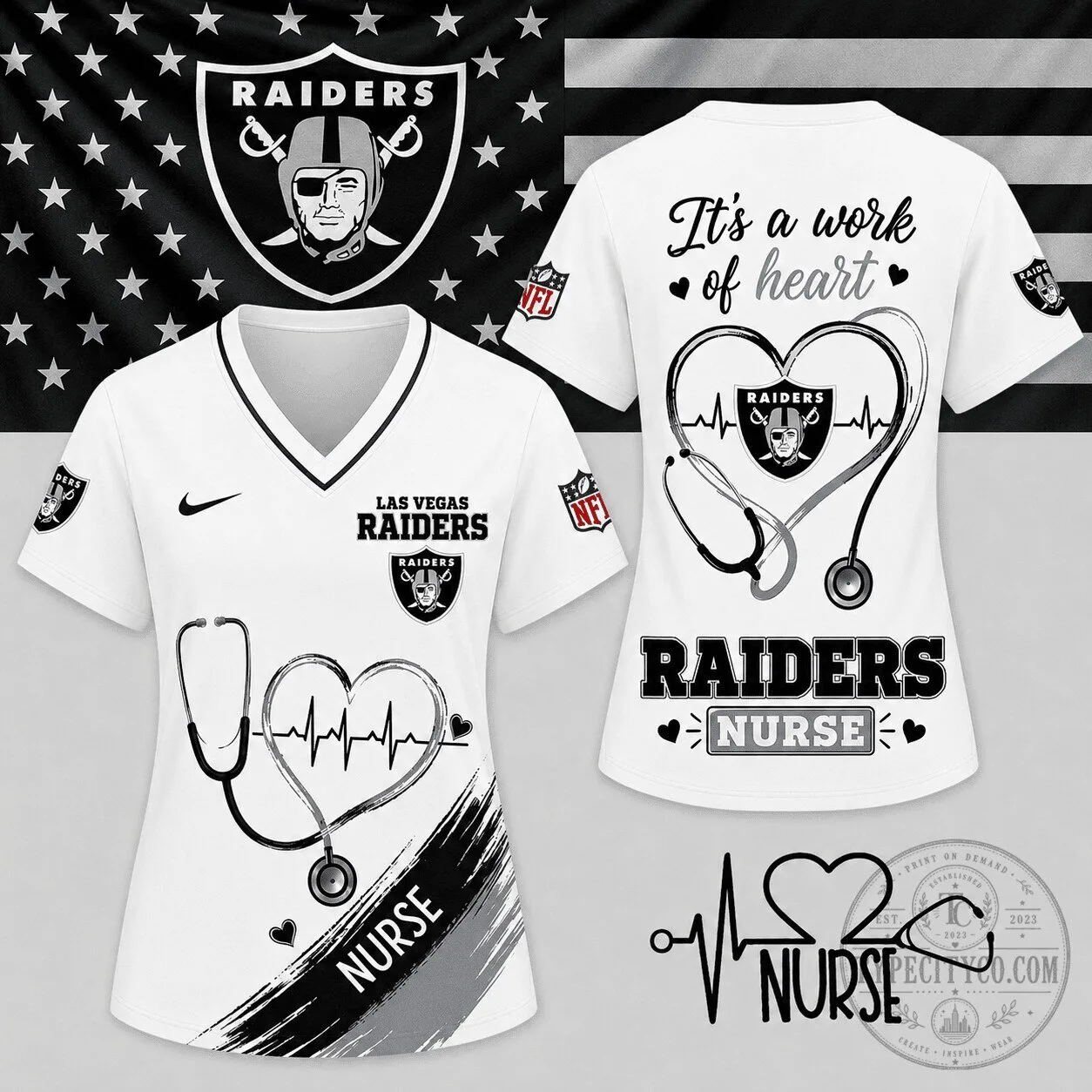 Las Vegas Raiders Nurse Work of Heart V-Neck T-Shirt