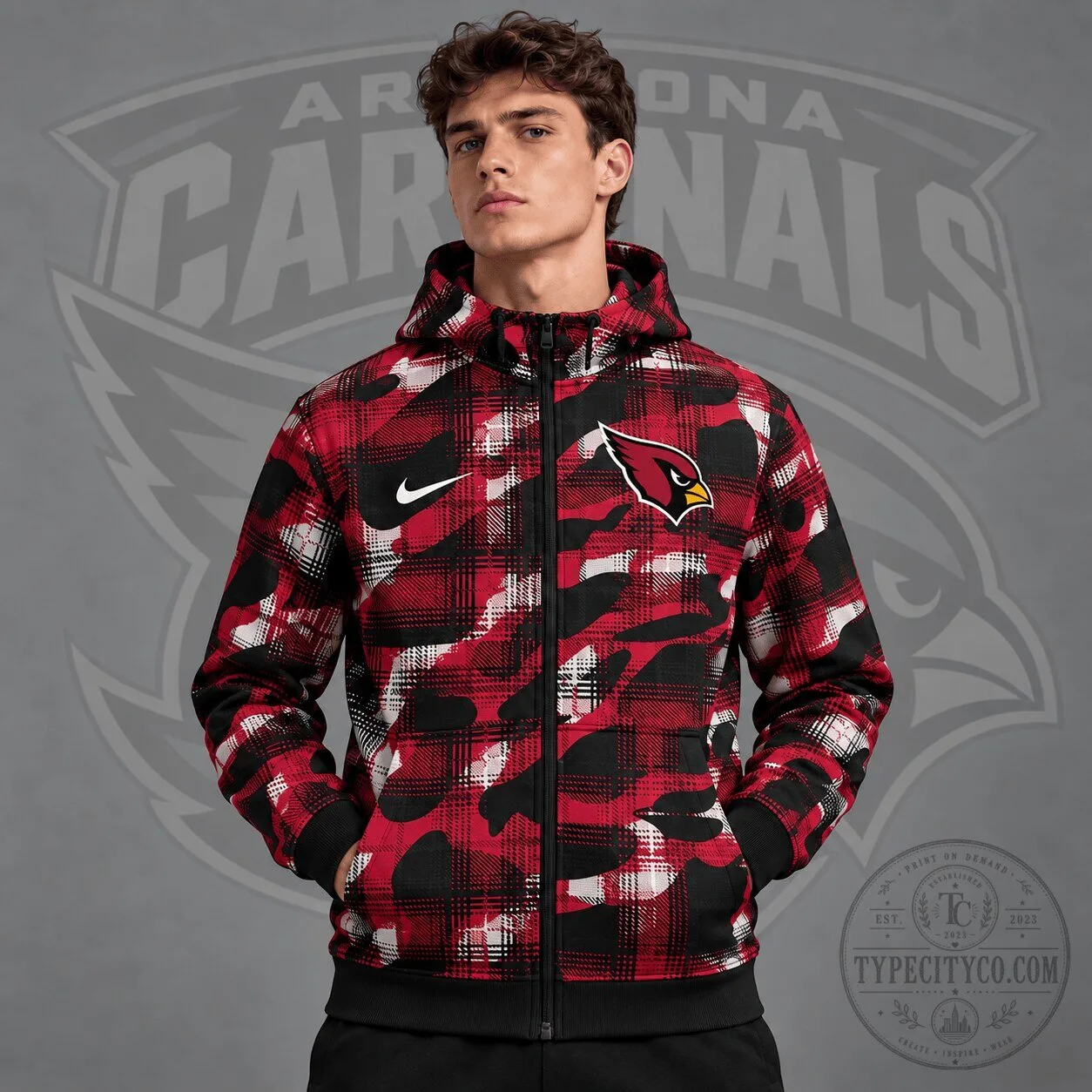 Arizona Cardinals Nike Plaid Camouflage Full Zip Hooded Sweatshirt